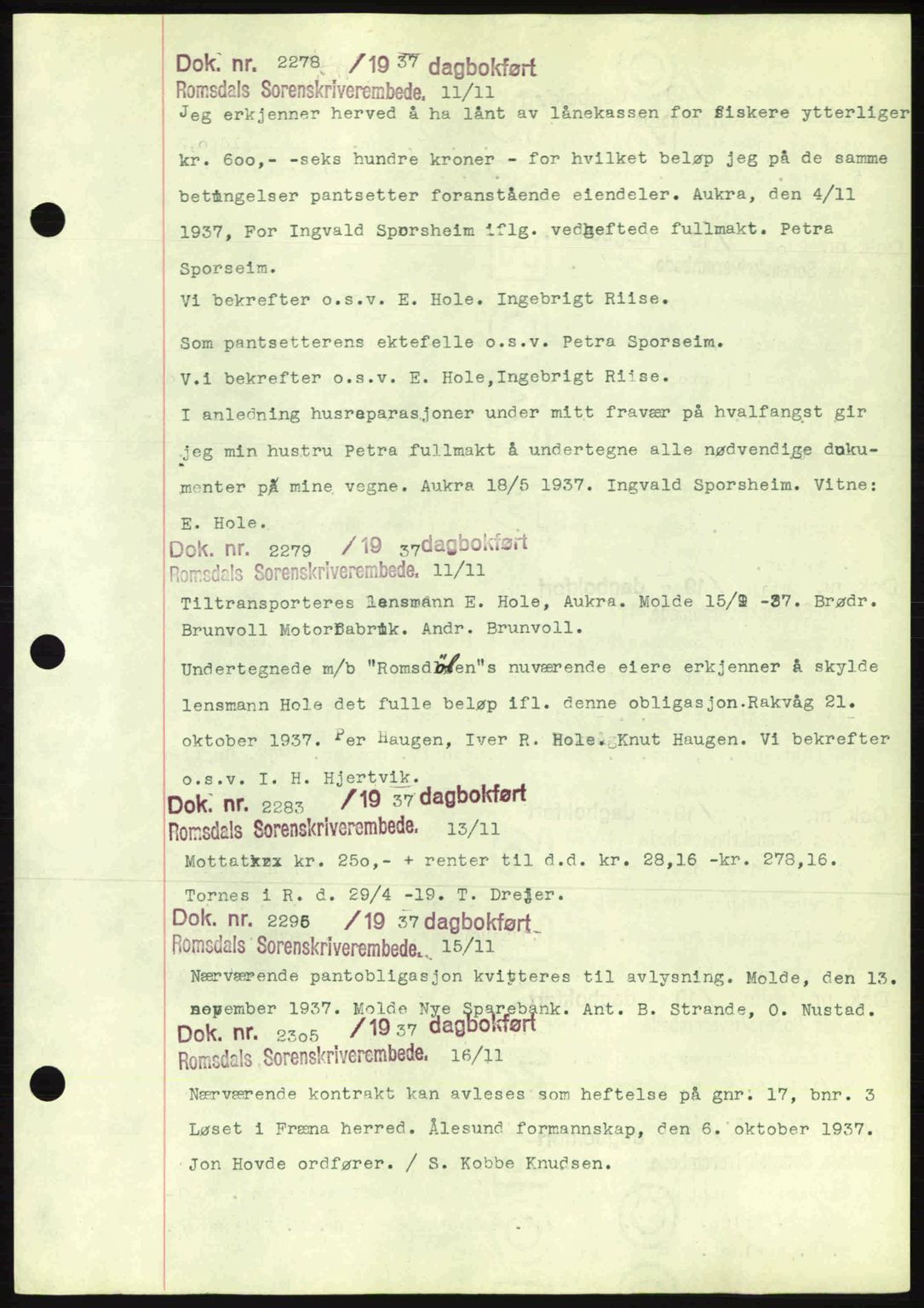 Romsdal sorenskriveri, AV/SAT-A-4149/1/2/2C: Pantebok nr. C1a, 1936-1945, Dagboknr: 2278/1937