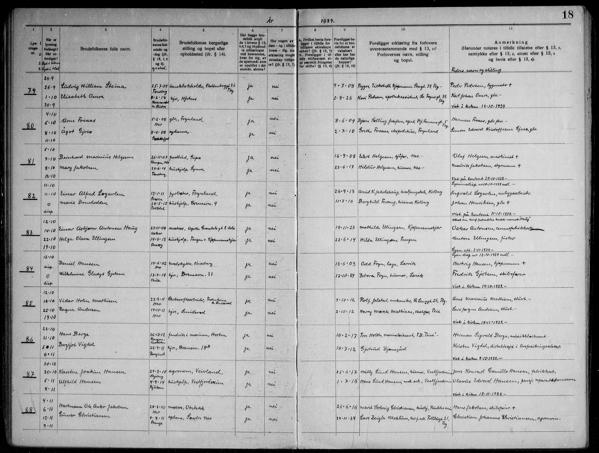 Nøtterøy kirkebøker, AV/SAKO-A-354/H/Ha/L0002: Lysningsprotokoll nr. 2, 1937-1952, s. 18