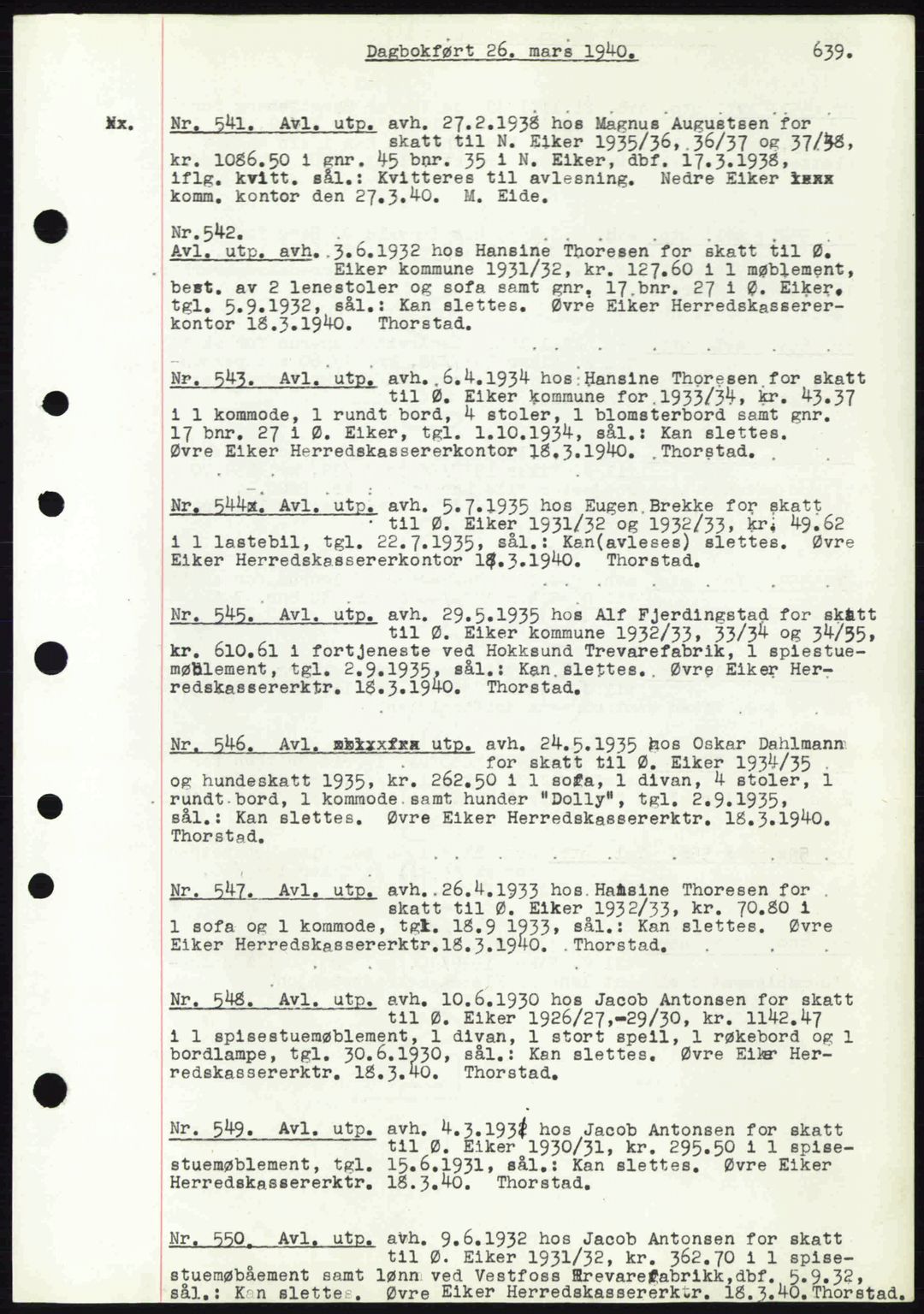 Eiker, Modum og Sigdal sorenskriveri, SAKO/A-123/G/Ga/Gab/L0041: Pantebok nr. A11, 1939-1940, Dagboknr: 541/1940