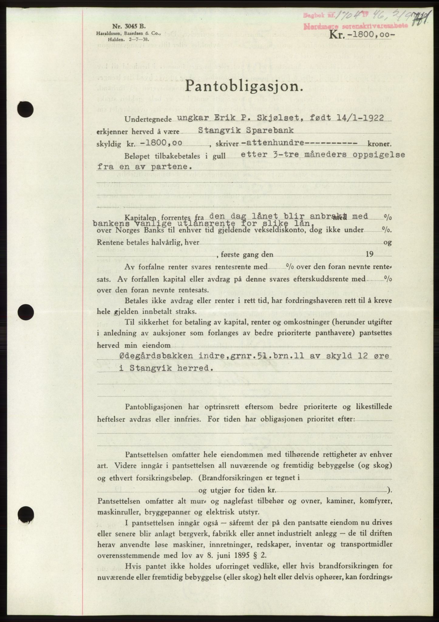 Nordmøre sorenskriveri, SAT/A-4132/1/2/2Ca: Pantebok nr. B94, 1946-1946, Dagboknr: 1704/1946