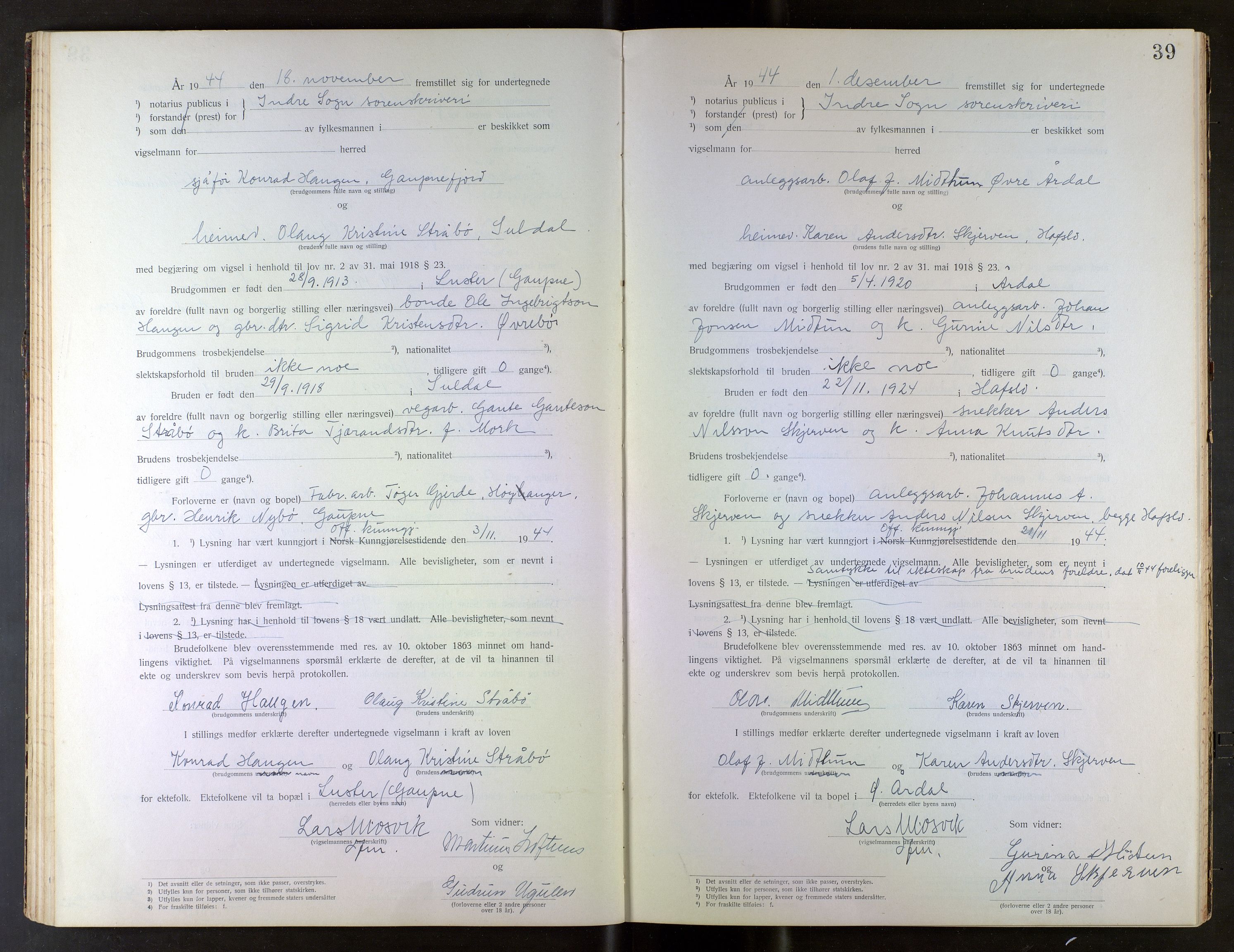 Indre Sogn tingrett, AV/SAB-A-3301/1/L/La/Laa/L0001: Vigselsbok Indre Sogn, 1938-1967, s. 39