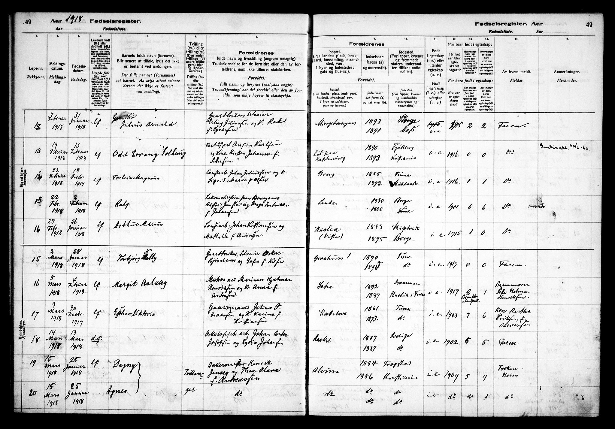 Tune prestekontor Kirkebøker, AV/SAO-A-2007/J/Ja/L0001: Fødselsregister nr. I 1, 1916-1928, s. 49