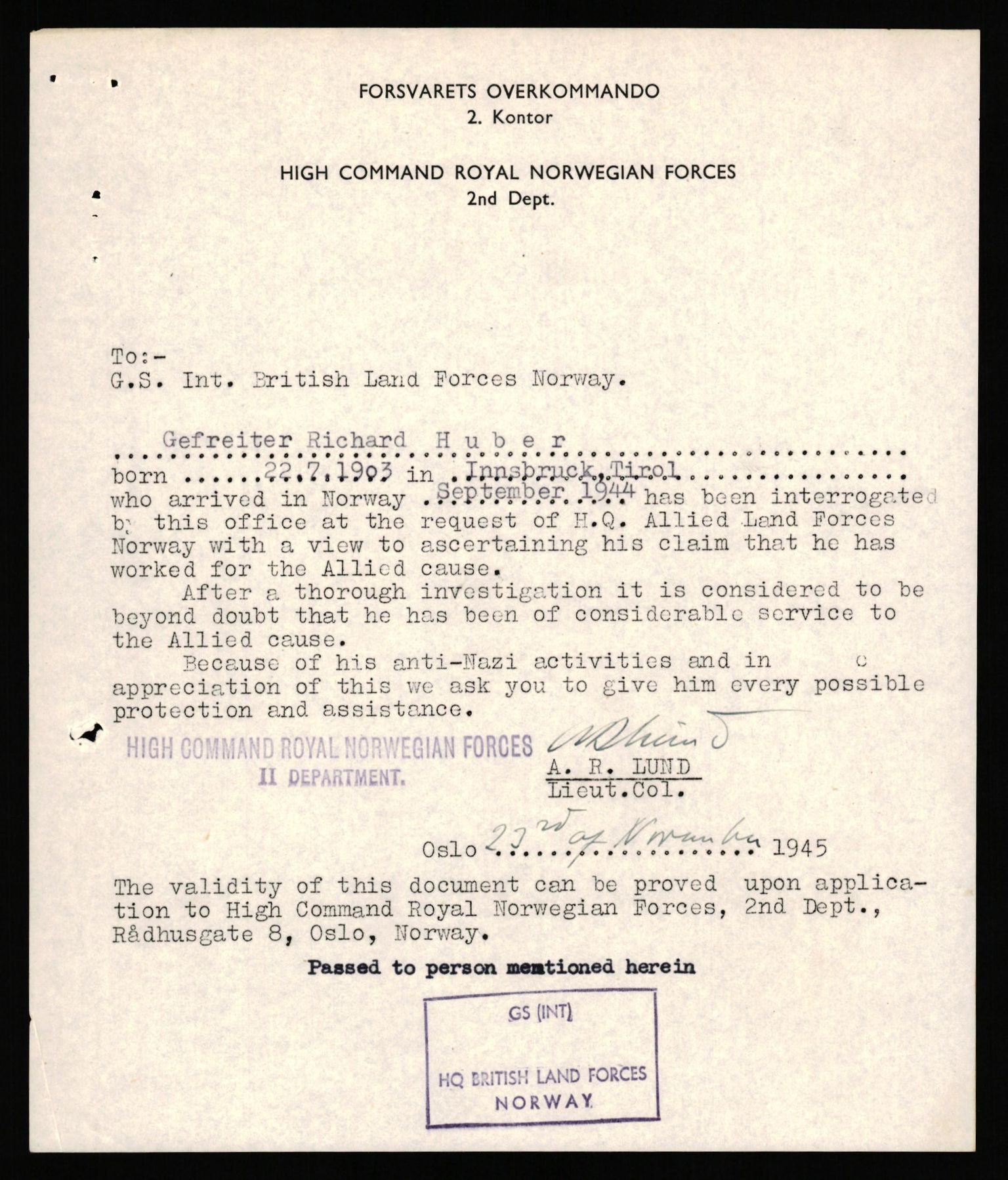 Forsvaret, Forsvarets overkommando II, AV/RA-RAFA-3915/D/Db/L0039: CI Questionaires. Tyske okkupasjonsstyrker i Norge. Østerrikere., 1945-1946, s. 84