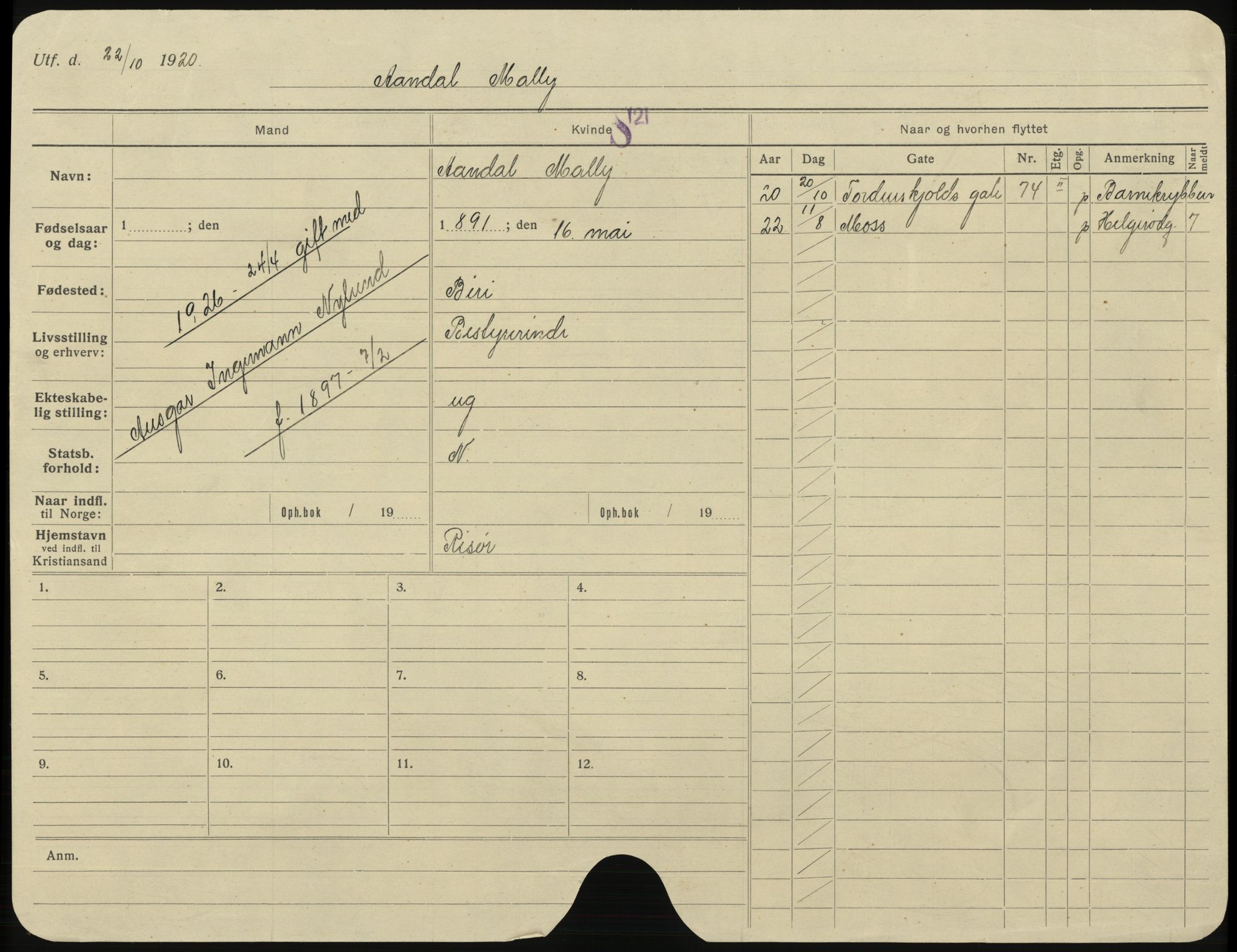 Kristiansand folkeregister, AV/SAK-1341-0030/H/L0006: Utflyttet, A-Ø, 1922