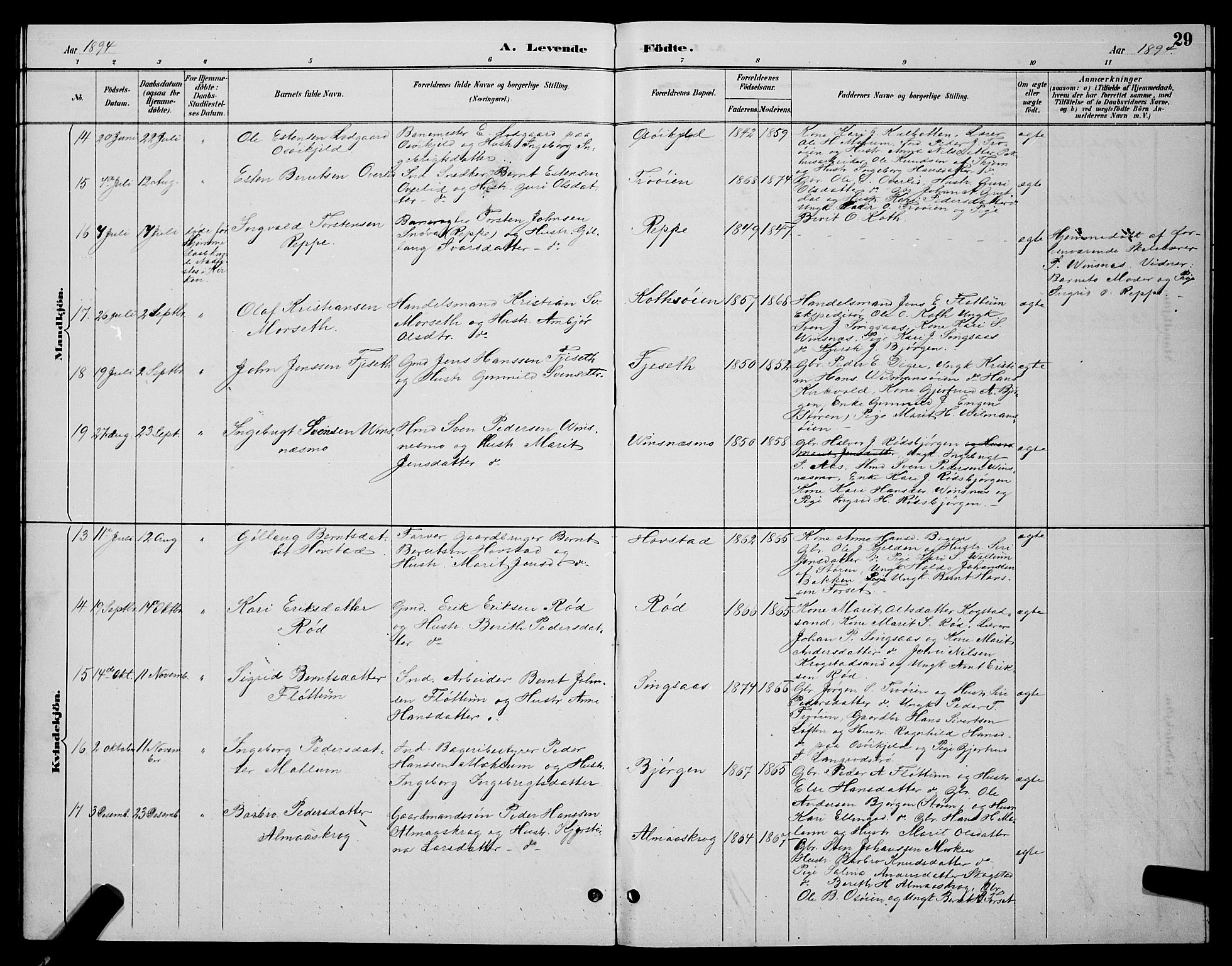 Ministerialprotokoller, klokkerbøker og fødselsregistre - Sør-Trøndelag, AV/SAT-A-1456/688/L1028: Klokkerbok nr. 688C03, 1889-1899, s. 29