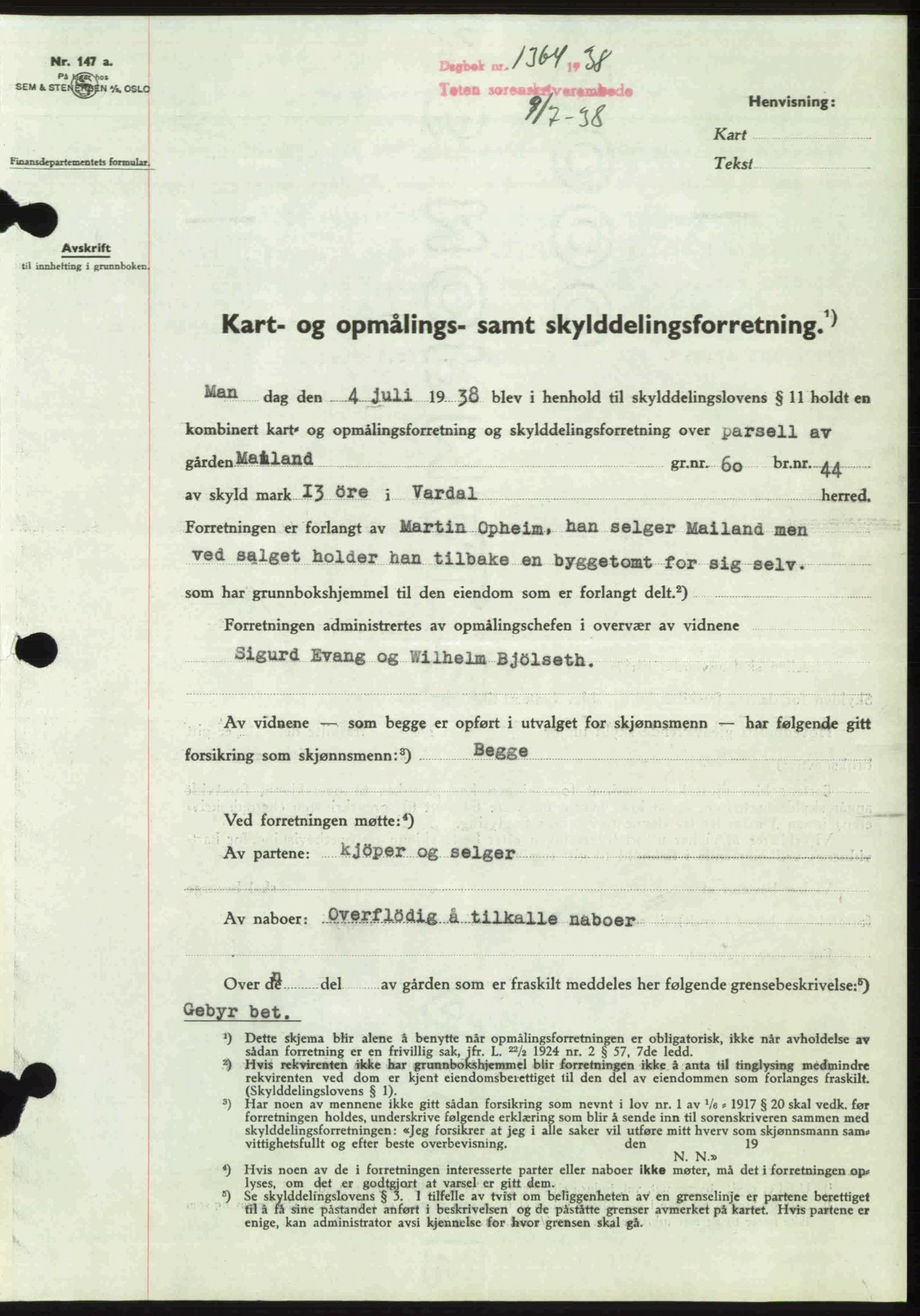 Toten tingrett, SAH/TING-006/H/Hb/Hbc/L0004: Pantebok nr. Hbc-04, 1938-1938, Dagboknr: 1364/1938