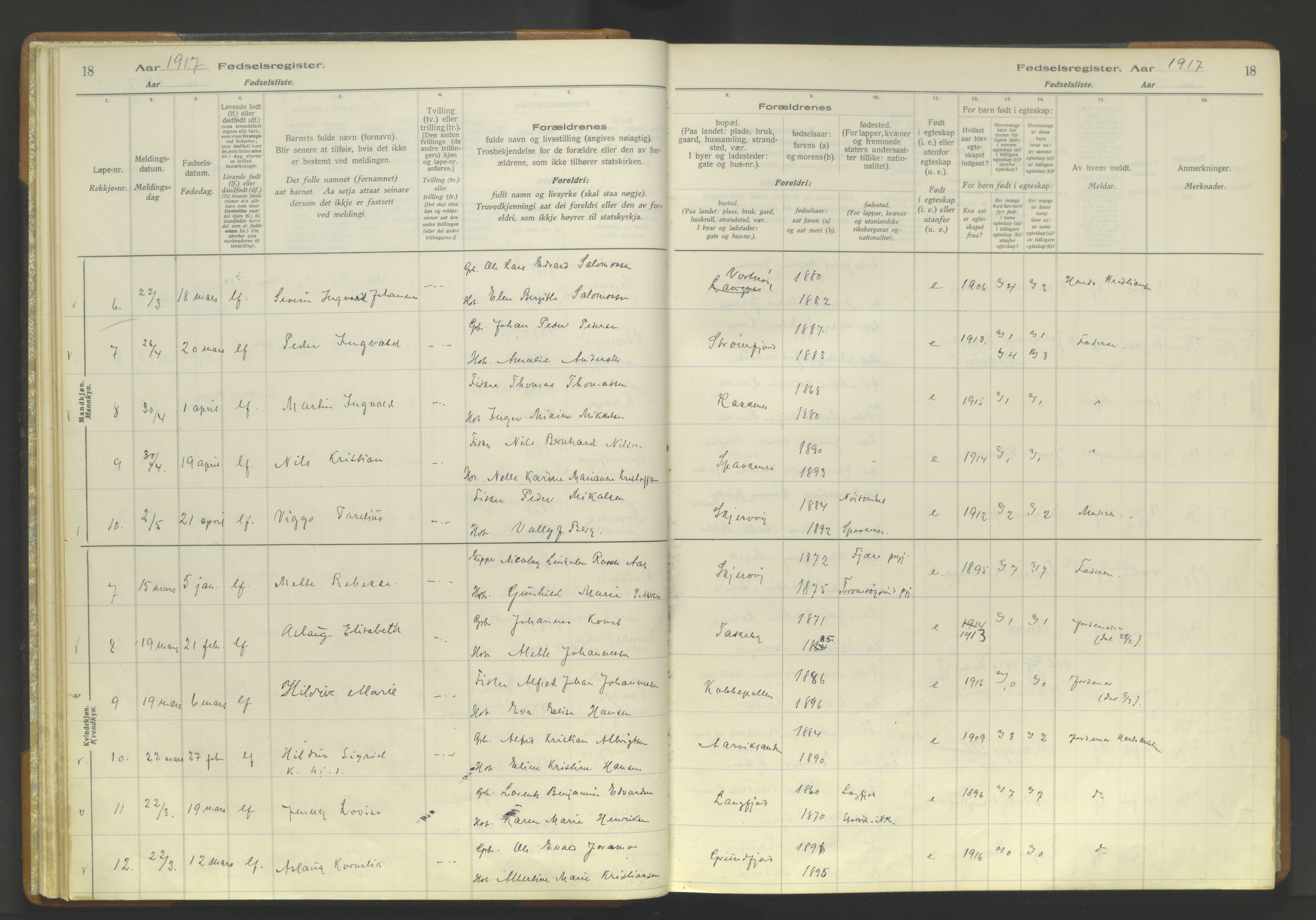 Skjervøy sokneprestkontor, AV/SATØ-S-1300/I/Ia/L0056: Fødselsregister nr. 56, 1916-1932, s. 18