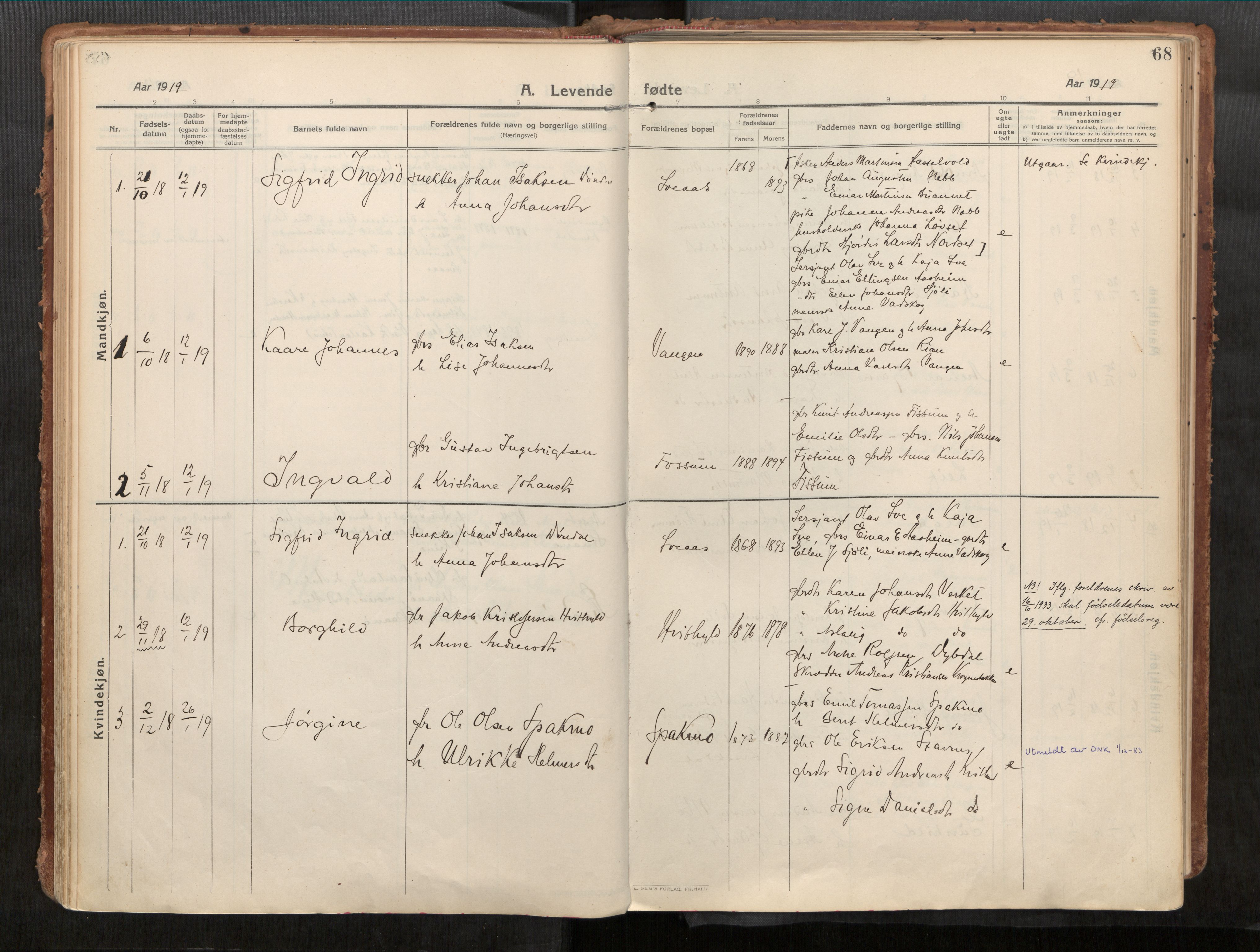 Stadsbygd sokneprestkontor, AV/SAT-A-1117/1/I/I1/I1a/L0001: Ministerialbok nr. 1, 1911-1929, s. 68