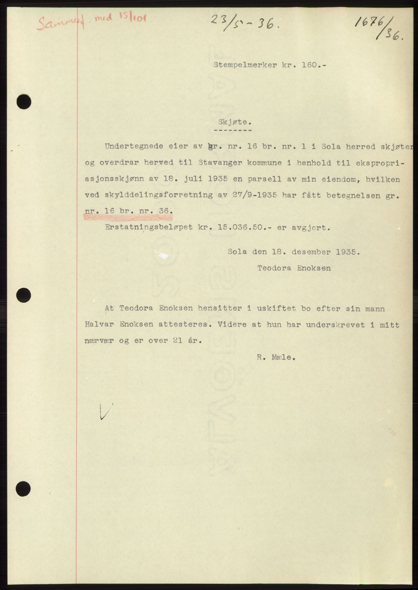 Jæren sorenskriveri, SAST/A-100310/03/G/Gba/L0065: Pantebok nr. 71, 1936-1936, Dagboknr: 1676/1936