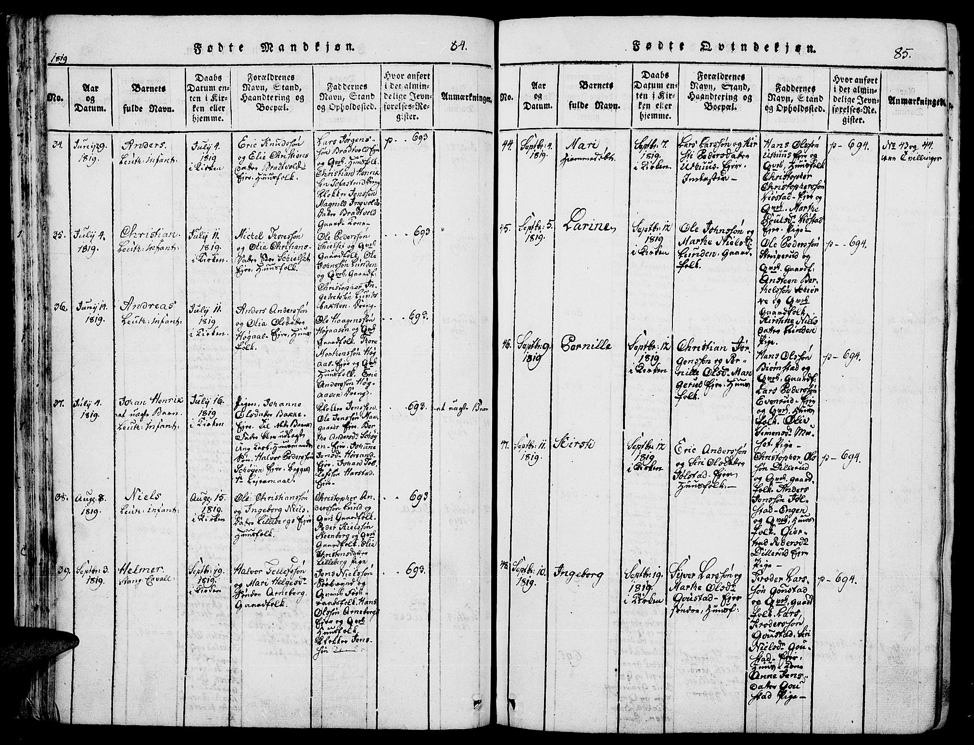 Romedal prestekontor, AV/SAH-PREST-004/K/L0002: Ministerialbok nr. 2, 1814-1828, s. 84-85