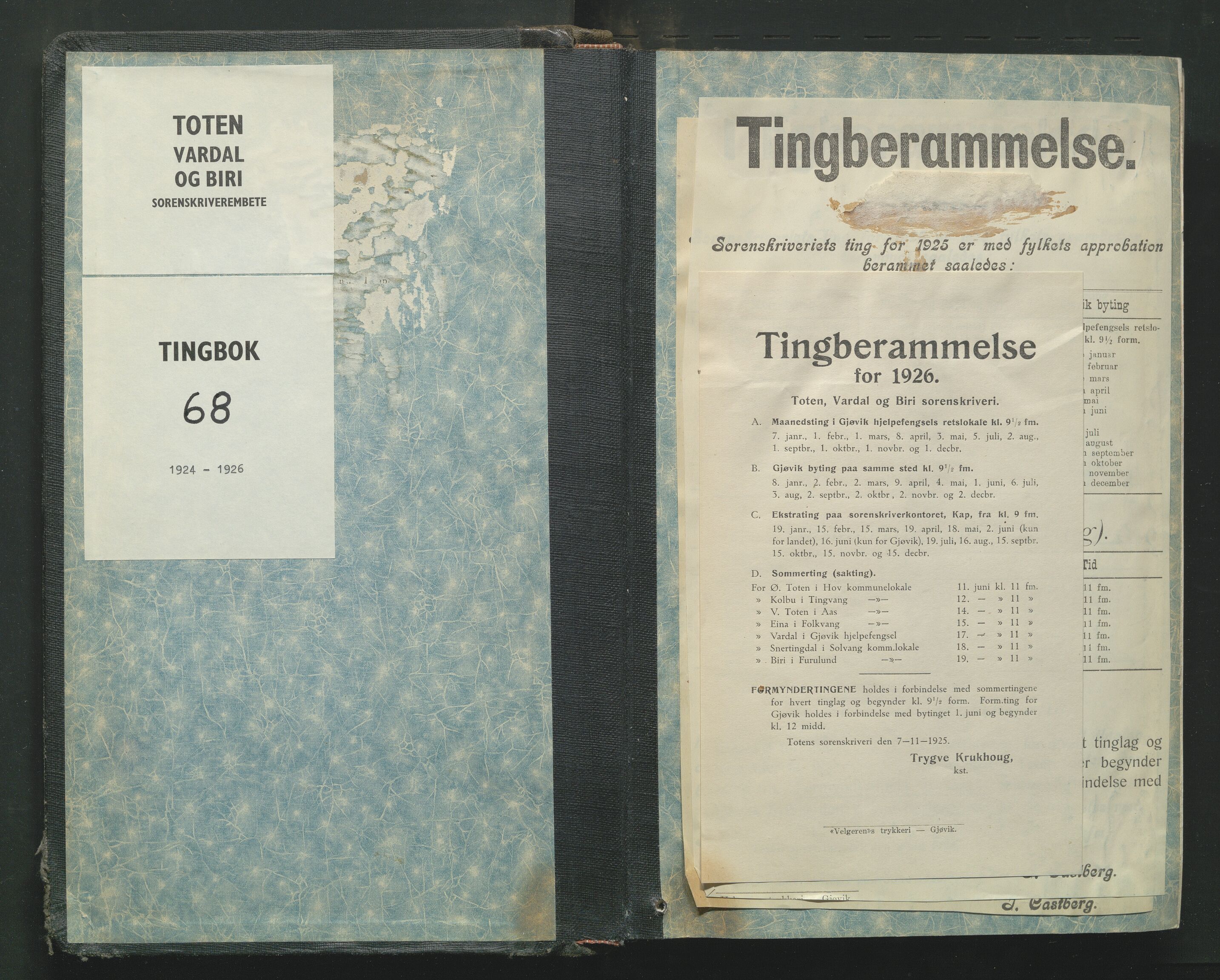 Toten tingrett, AV/SAH-TING-006/G/Gb/Gba/L0068: Tingbok, 1924-1926