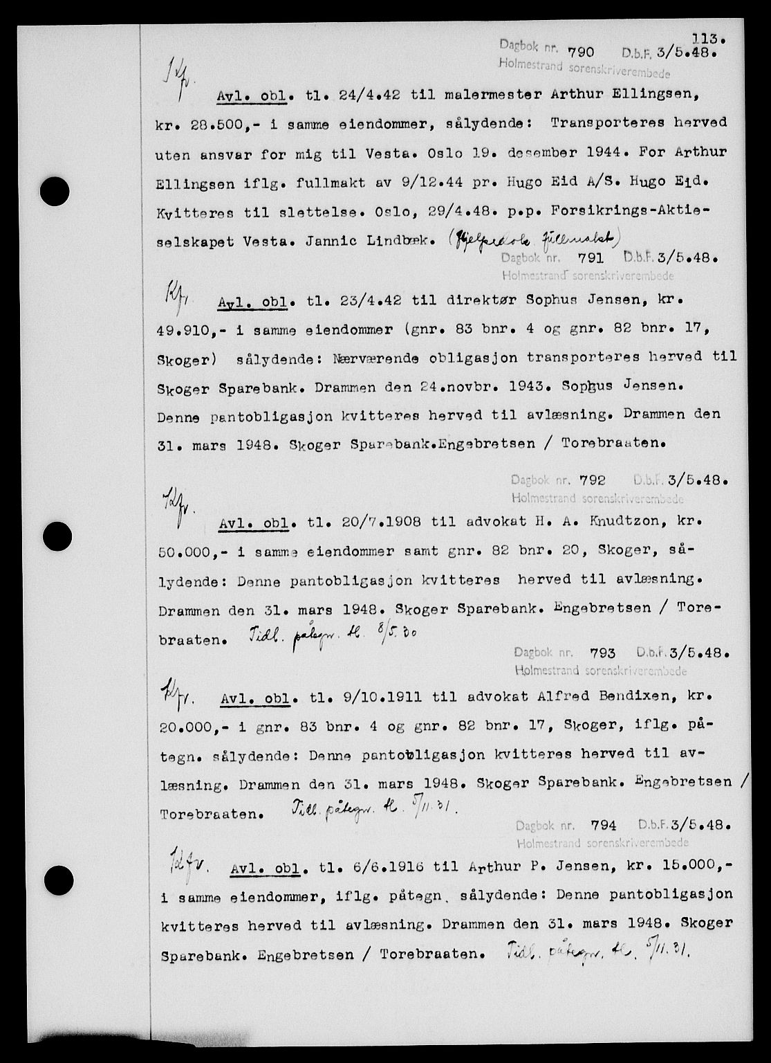 Holmestrand sorenskriveri, SAKO/A-67/G/Ga/Gab/L0058: Pantebok nr. B-58, 1947-1948, s. 113, Dagboknr: 790/1948