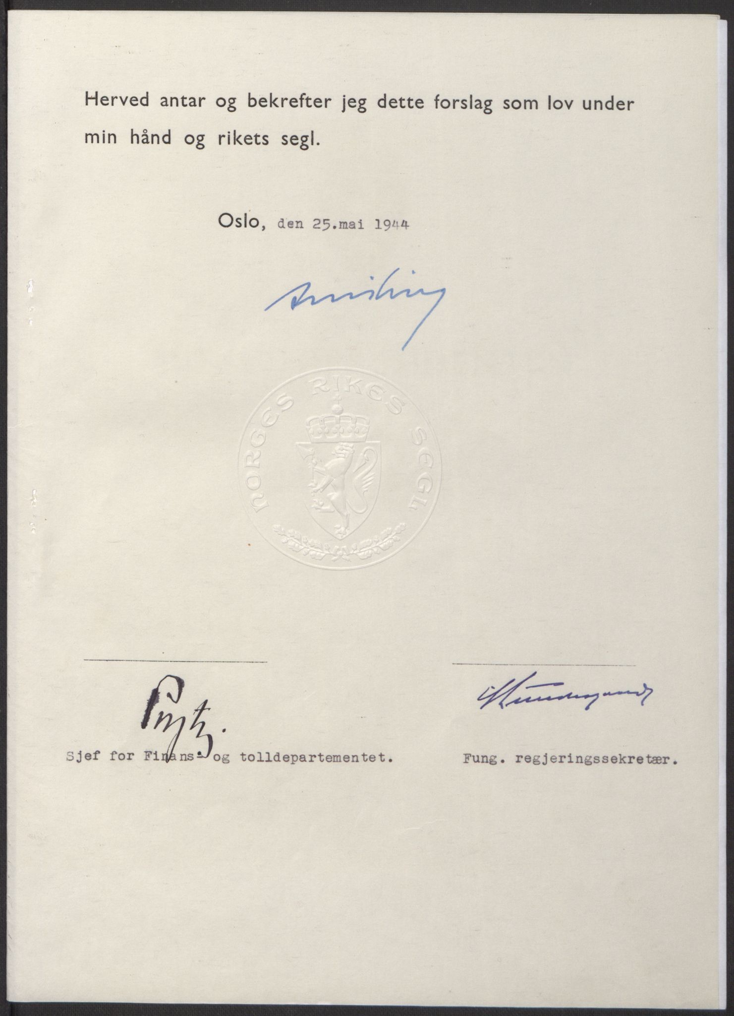 NS-administrasjonen 1940-1945 (Statsrådsekretariatet, de kommisariske statsråder mm), RA/S-4279/D/Db/L0100: Lover, 1944, s. 238