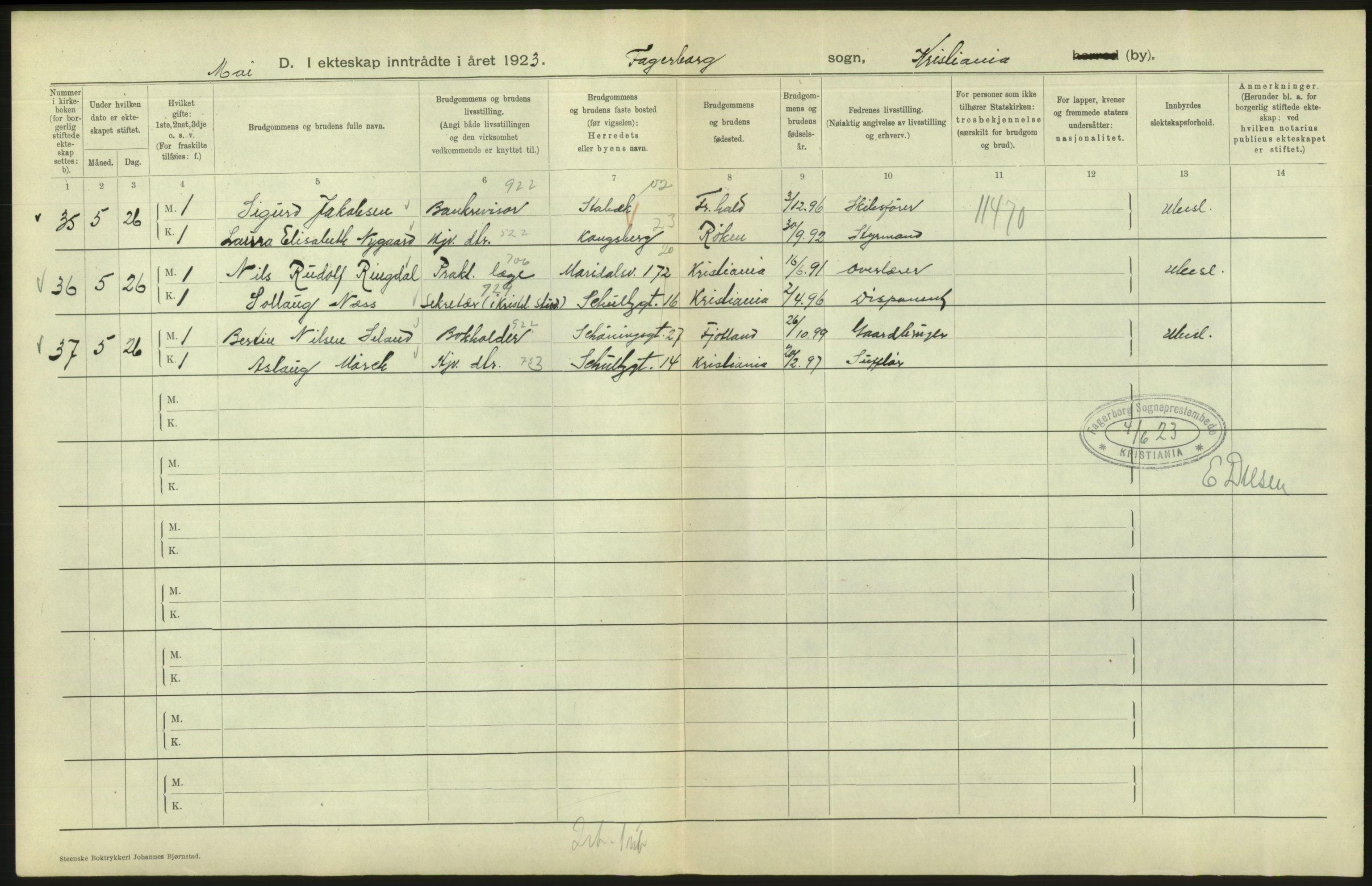 Statistisk sentralbyrå, Sosiodemografiske emner, Befolkning, AV/RA-S-2228/D/Df/Dfc/Dfcc/L0008: Kristiania: Gifte, 1923, s. 348