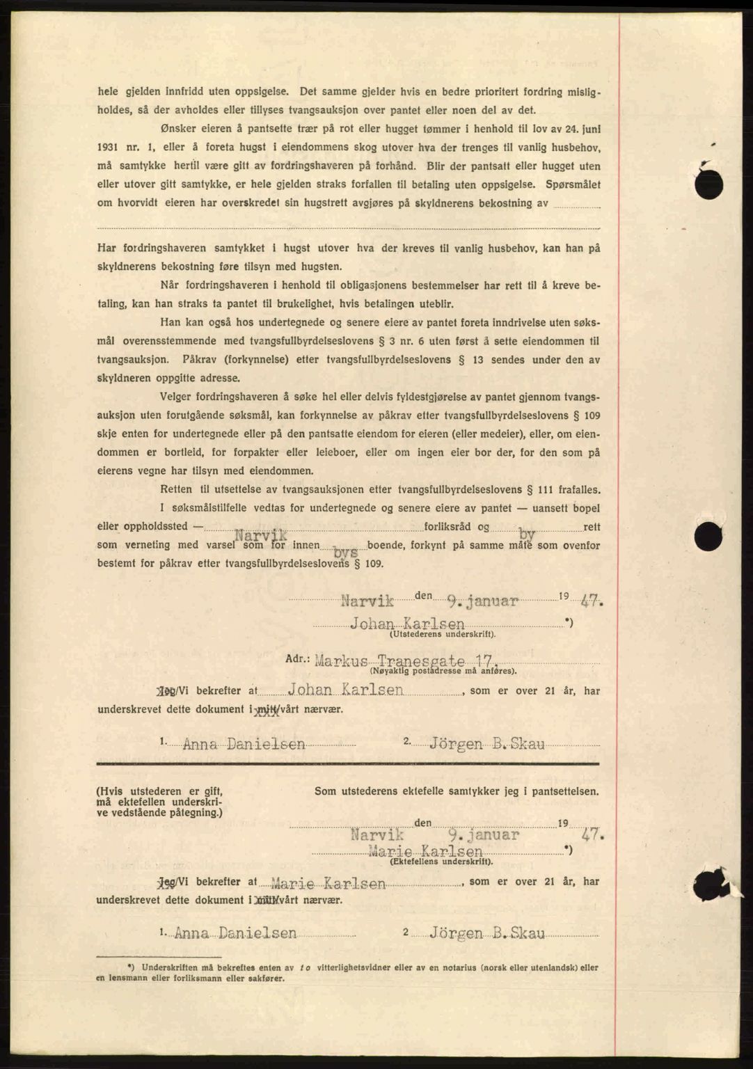 Narvik sorenskriveri, AV/SAT-A-0002/1/2/2C/2Ca: Pantebok nr. A21, 1946-1947, Dagboknr: 22/1947