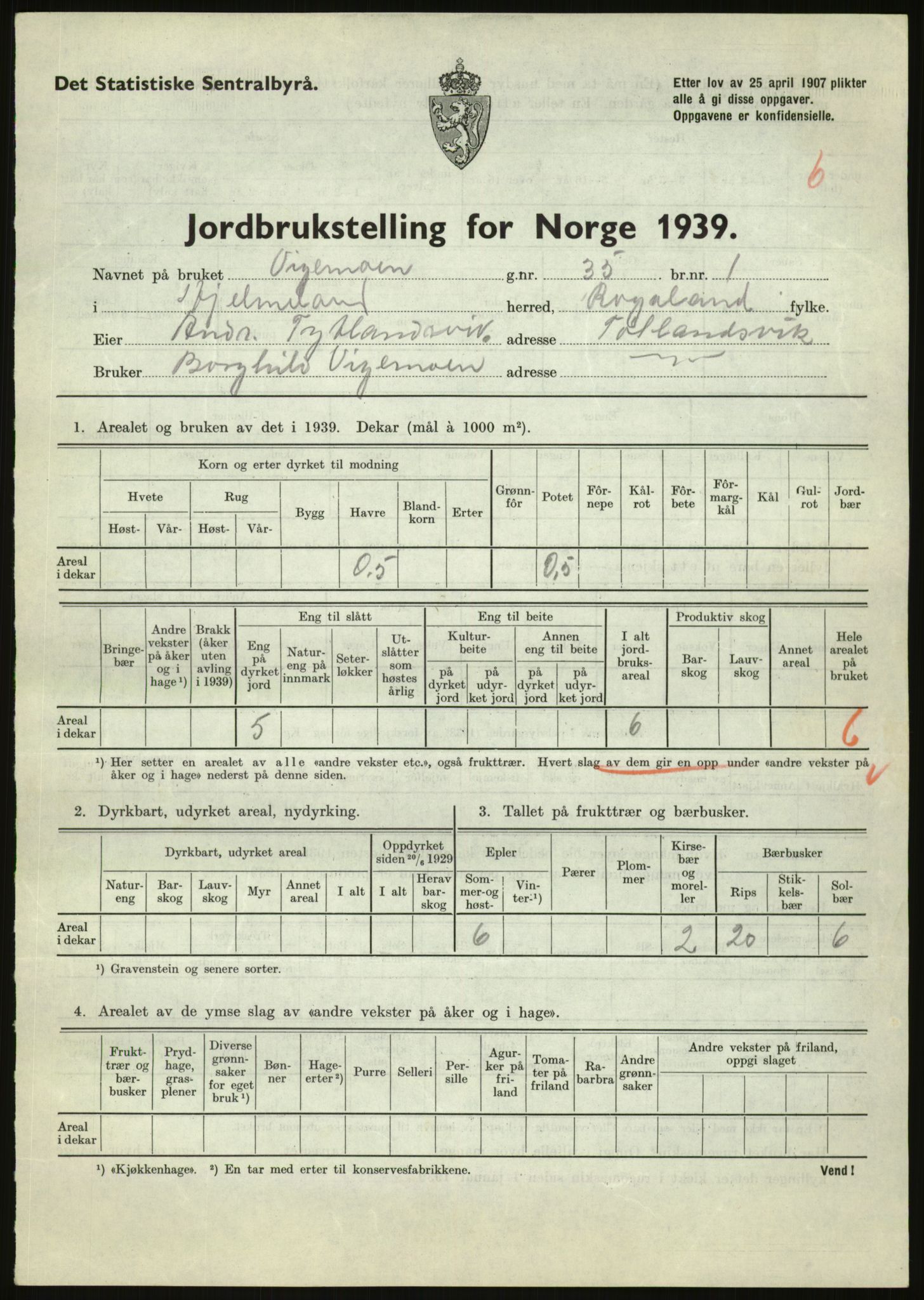 Statistisk sentralbyrå, Næringsøkonomiske emner, Jordbruk, skogbruk, jakt, fiske og fangst, AV/RA-S-2234/G/Gb/L0184: Rogaland: Årdal, Fister og Hjelmeland, 1939, s. 1075