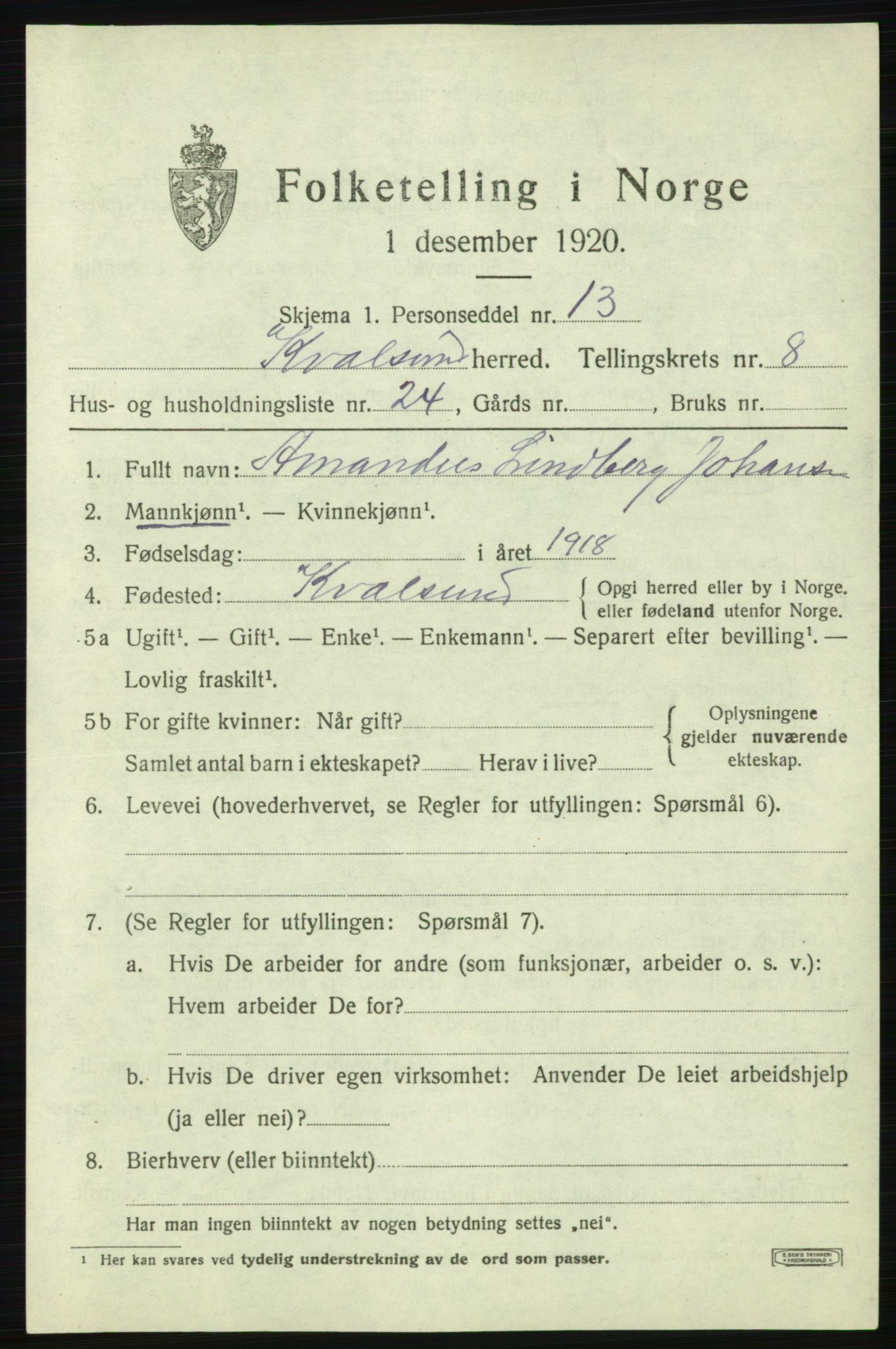 SATØ, Folketelling 1920 for 2017 Kvalsund herred, 1920, s. 2750