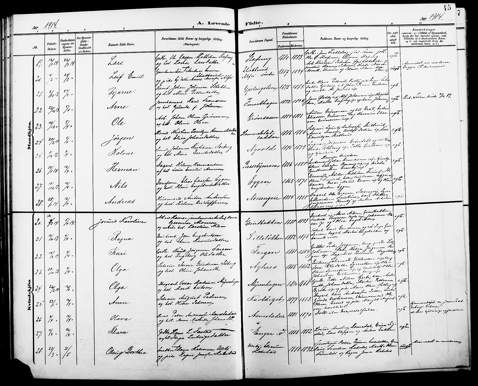 Løten prestekontor, AV/SAH-PREST-022/L/La/L0007: Klokkerbok nr. 7, 1910-1919, s. 45