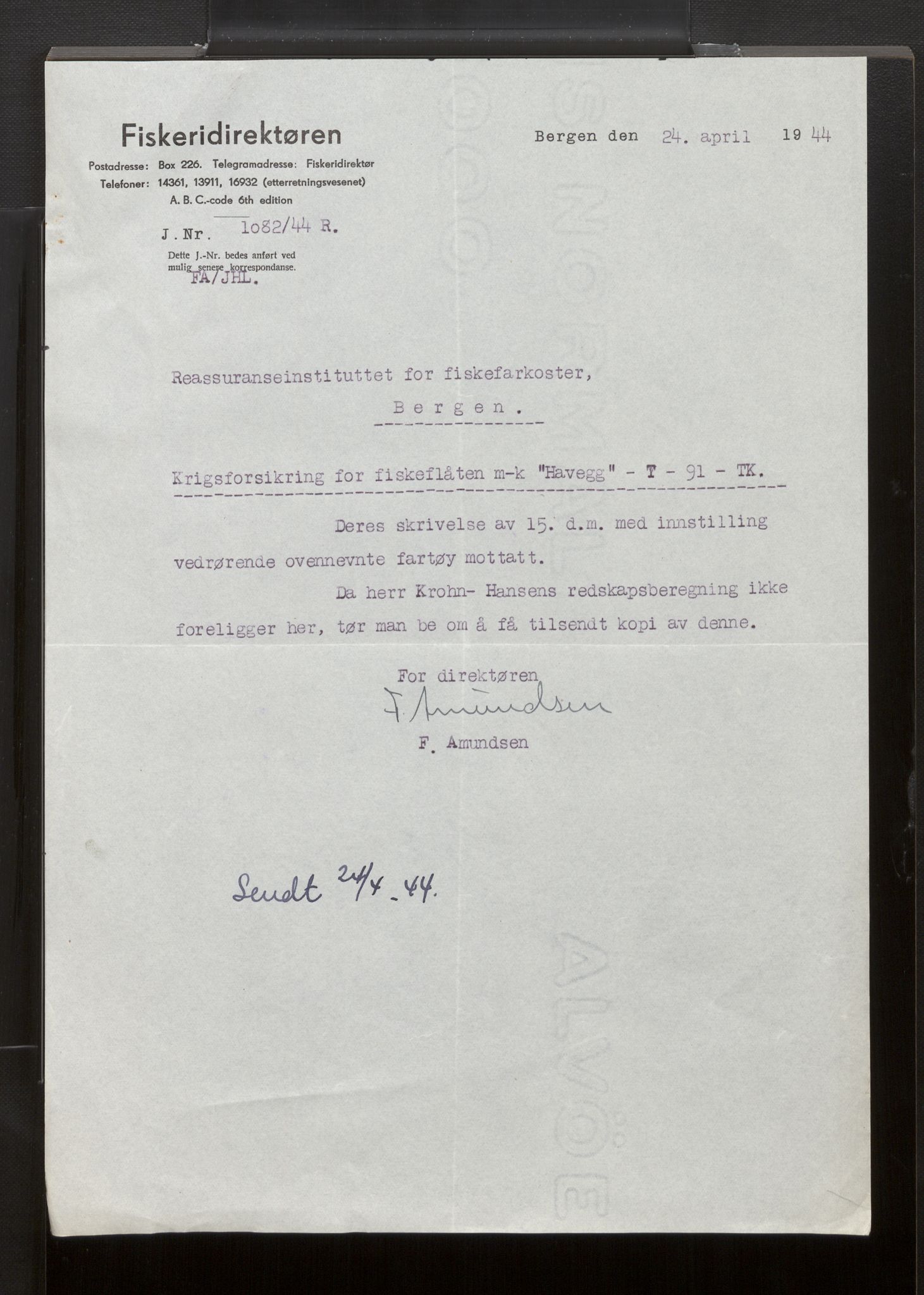 Fiskeridirektoratet - 1 Adm. ledelse - 13 Båtkontoret, AV/SAB-A-2003/La/L0042: Statens krigsforsikring for fiskeflåten, 1936-1971, s. 504