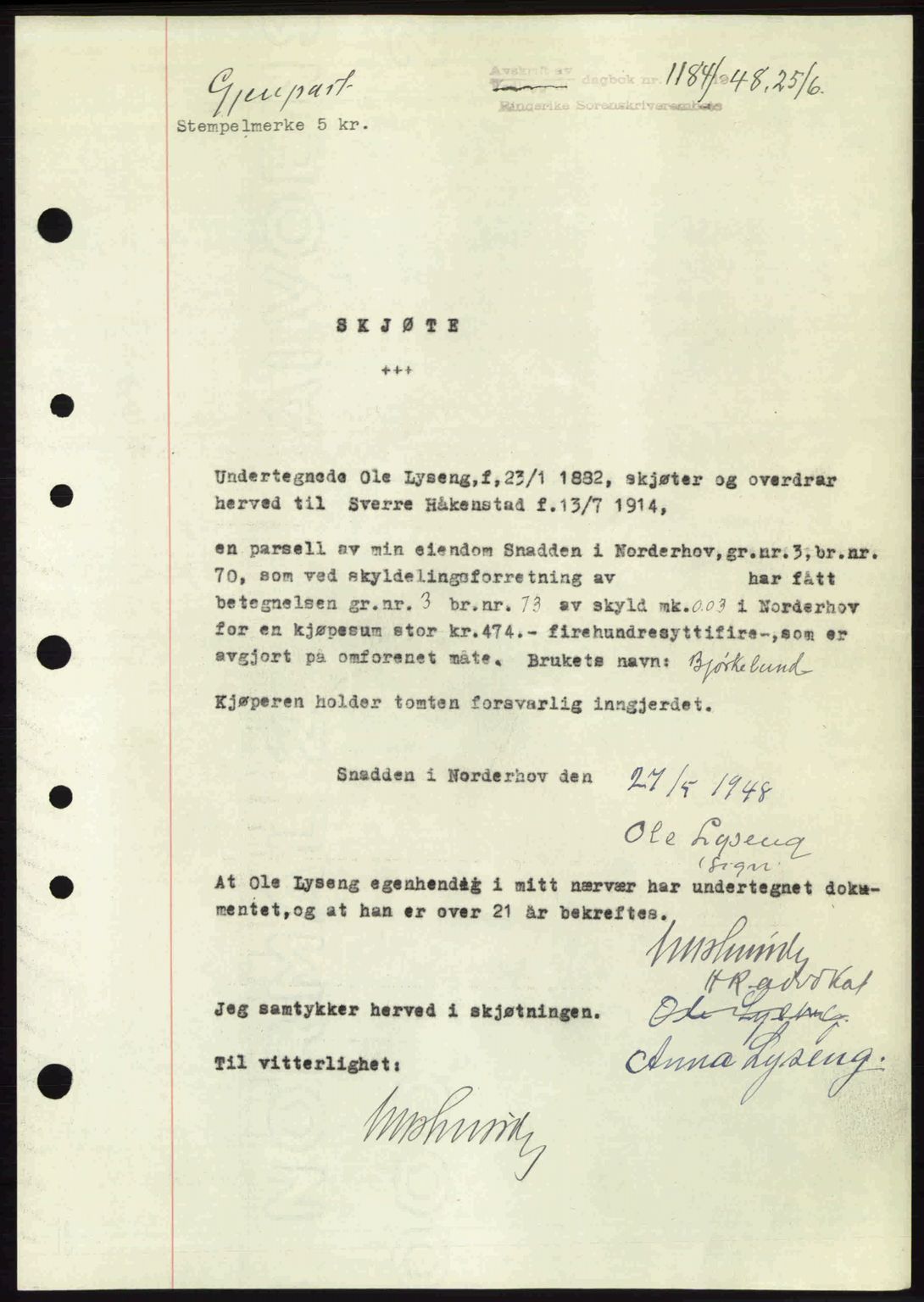Ringerike sorenskriveri, SAKO/A-105/G/Ga/Gab/L0088: Pantebok nr. A-19, 1948-1948, Dagboknr: 1184/1948