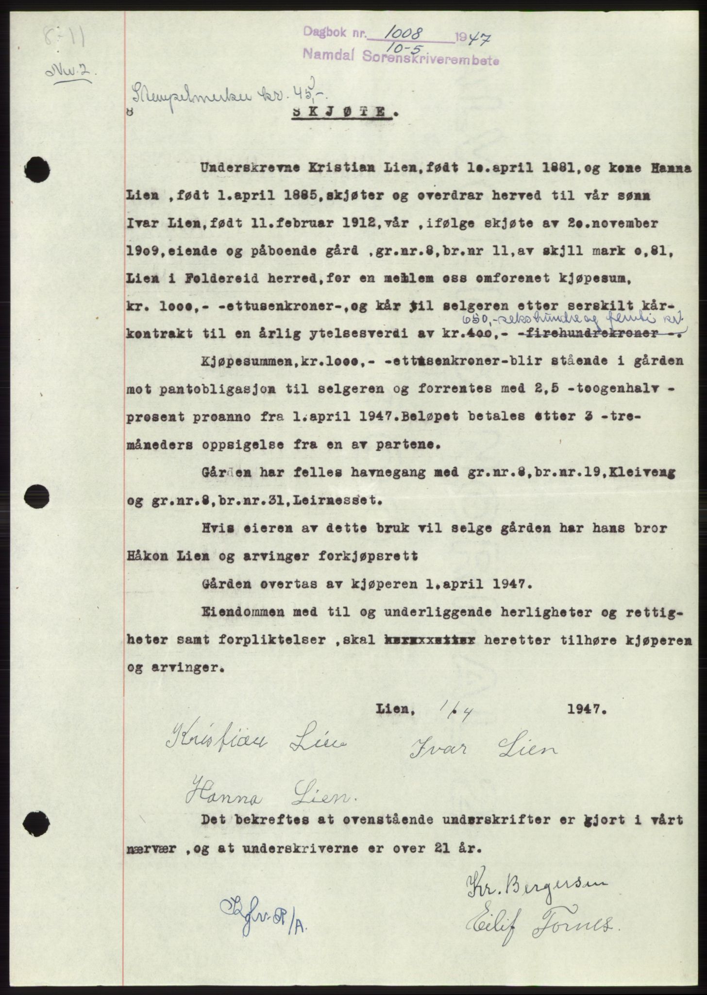 Namdal sorenskriveri, SAT/A-4133/1/2/2C: Pantebok nr. -, 1947-1947, Dagboknr: 1008/1947