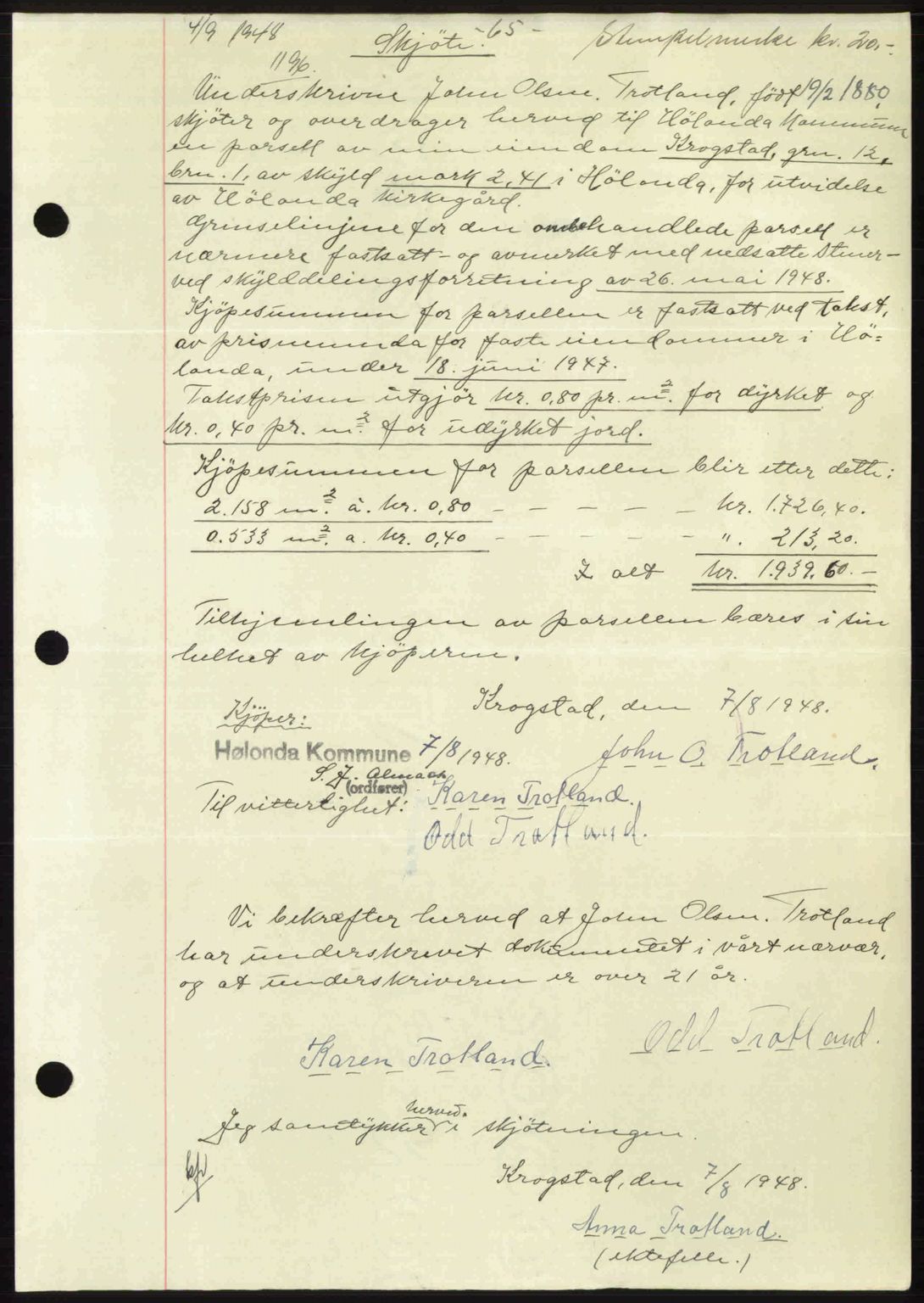 Gauldal sorenskriveri, SAT/A-0014/1/2/2C: Pantebok nr. A6, 1948-1948, Dagboknr: 1196/1948