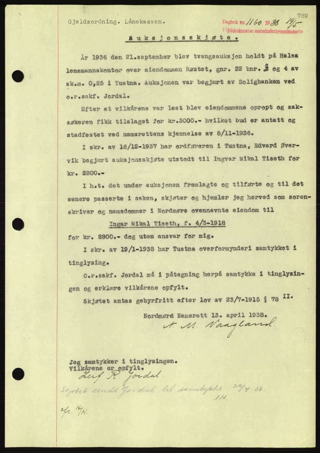 Nordmøre sorenskriveri, SAT/A-4132/1/2/2Ca: Pantebok nr. A83, 1938-1938, Dagboknr: 1160/1938