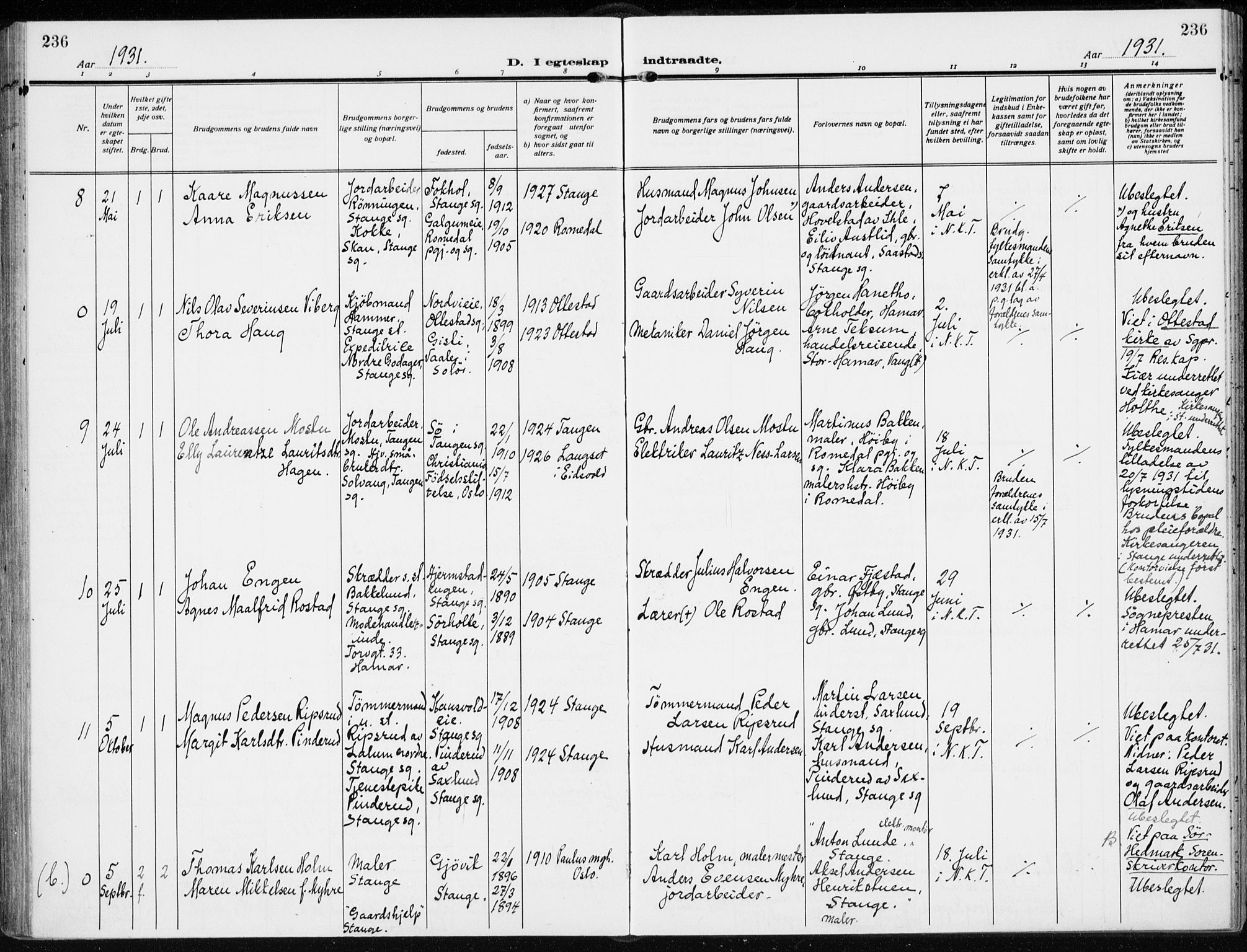 Stange prestekontor, AV/SAH-PREST-002/K/L0026: Ministerialbok nr. 26, 1923-1937, s. 236