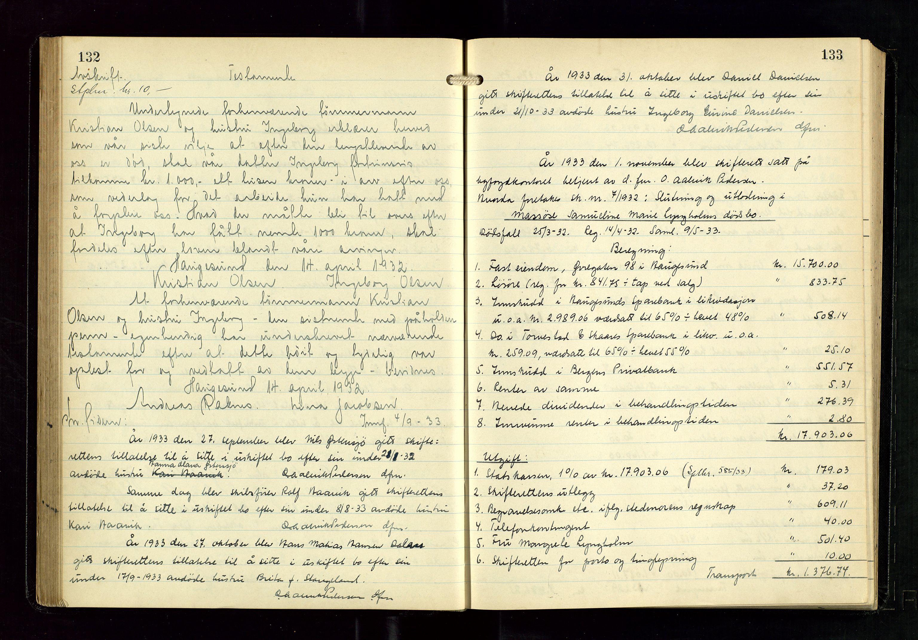 Haugesund tingrett, AV/SAST-A-101415/01/IV/IVD/L0005: Skifteutlodningsprotokoll, med register, 1931-1937, s. 132-133