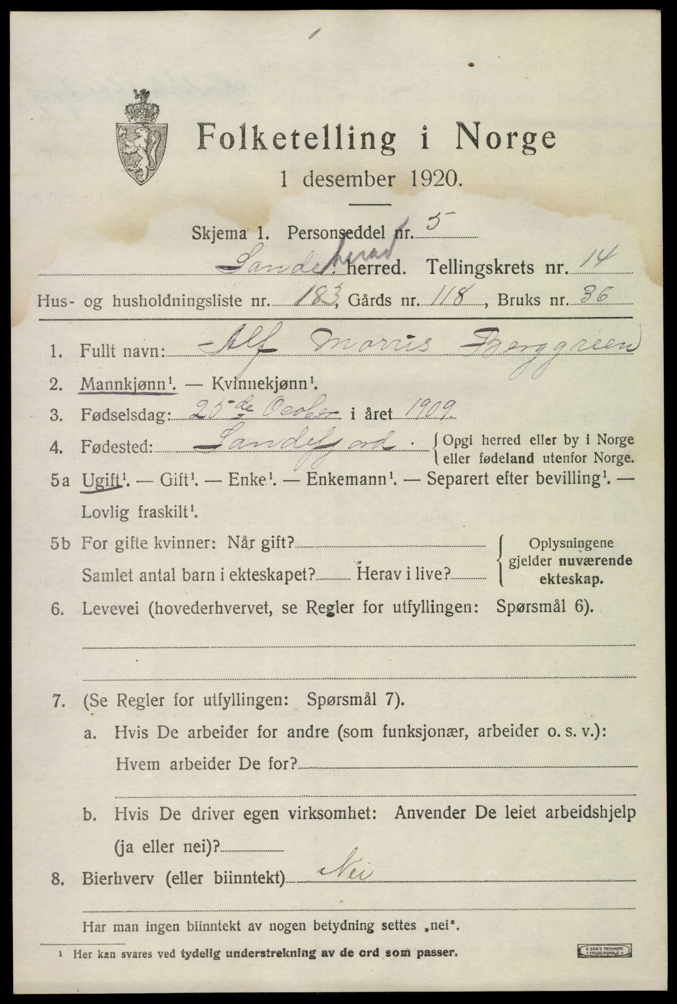 SAKO, Folketelling 1920 for 0724 Sandeherred herred, 1920, s. 22910