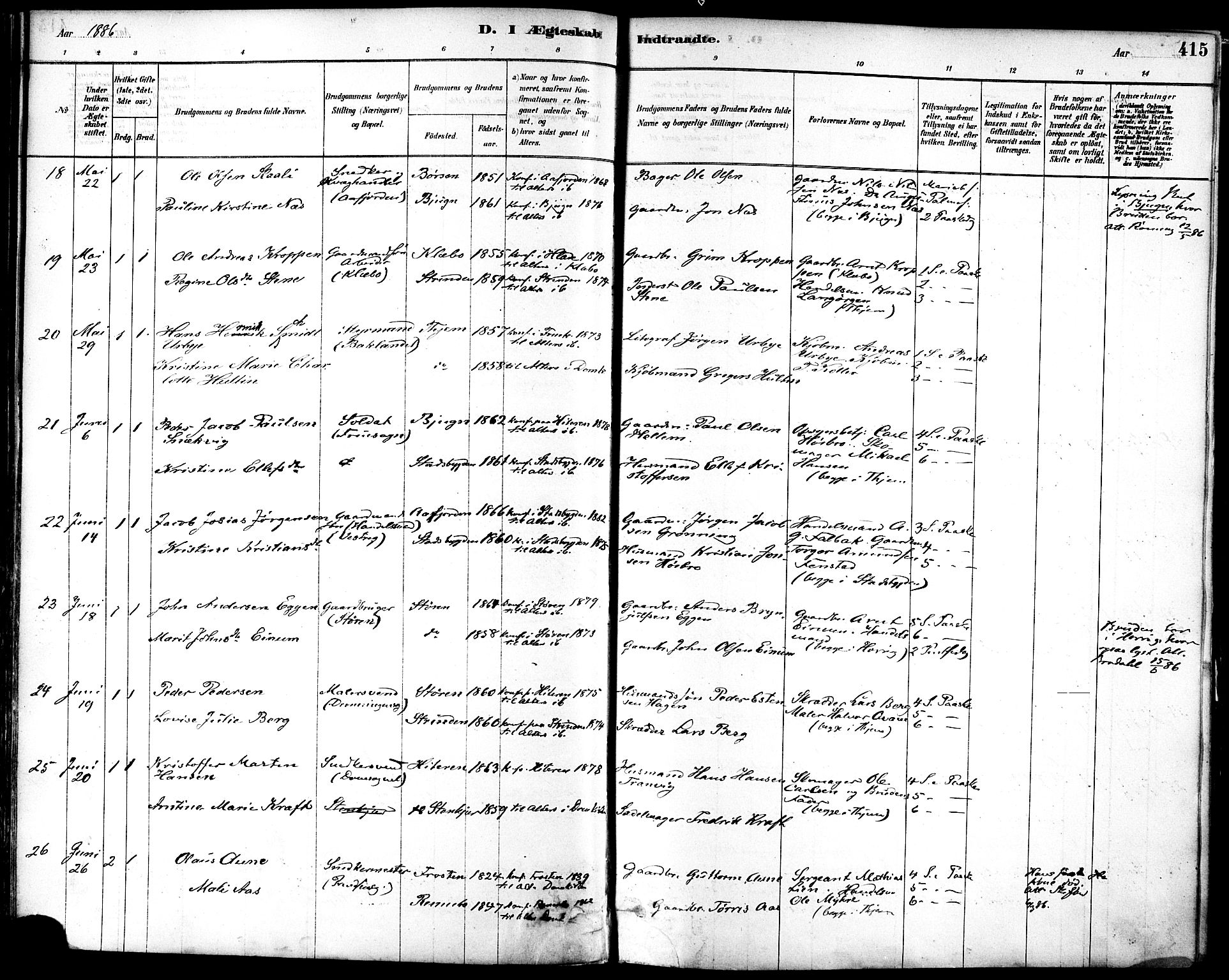 Ministerialprotokoller, klokkerbøker og fødselsregistre - Sør-Trøndelag, SAT/A-1456/601/L0058: Ministerialbok nr. 601A26, 1877-1891, s. 415