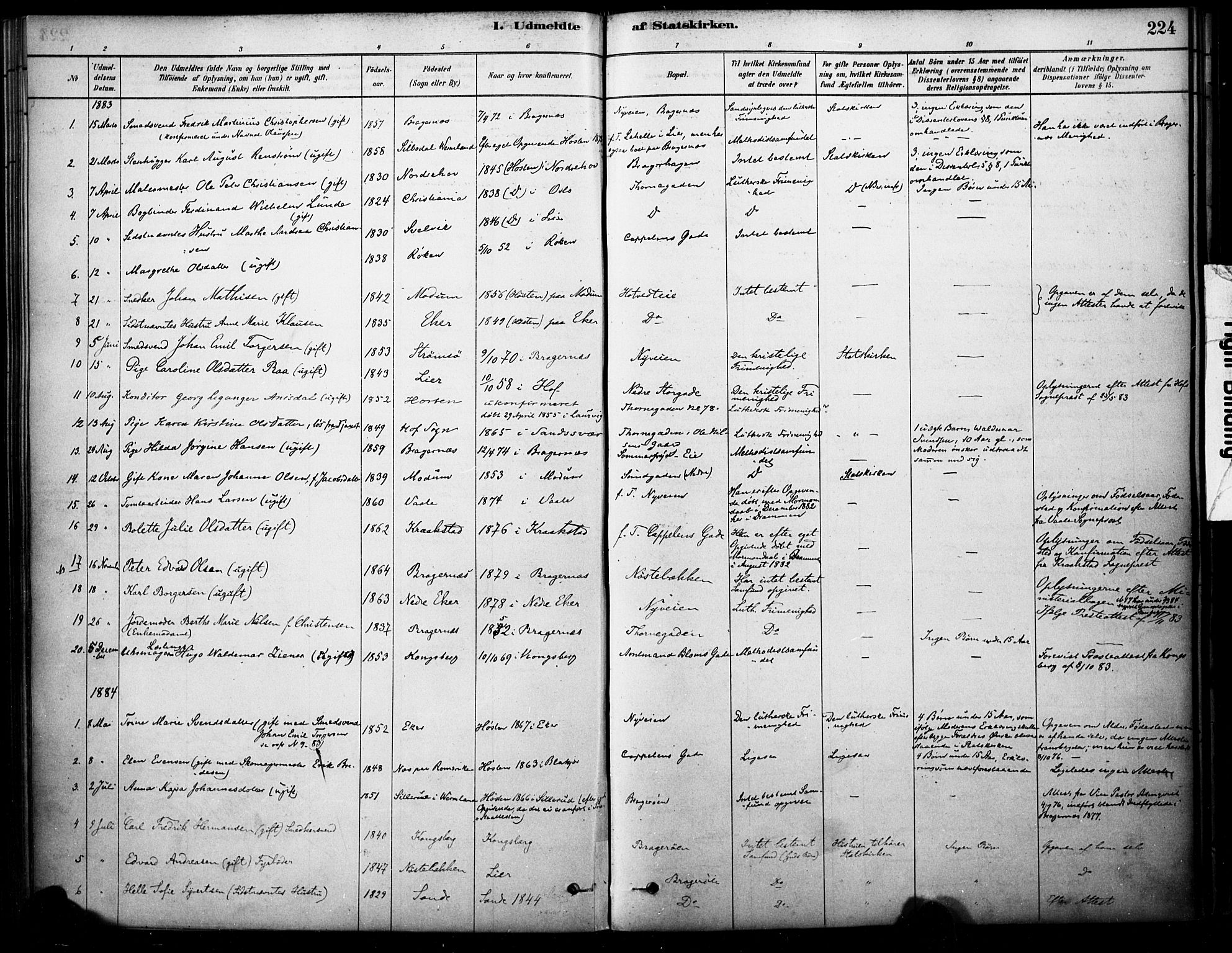 Bragernes kirkebøker, AV/SAKO-A-6/F/Fc/L0005: Ministerialbok nr. III 5, 1878-1890, s. 224