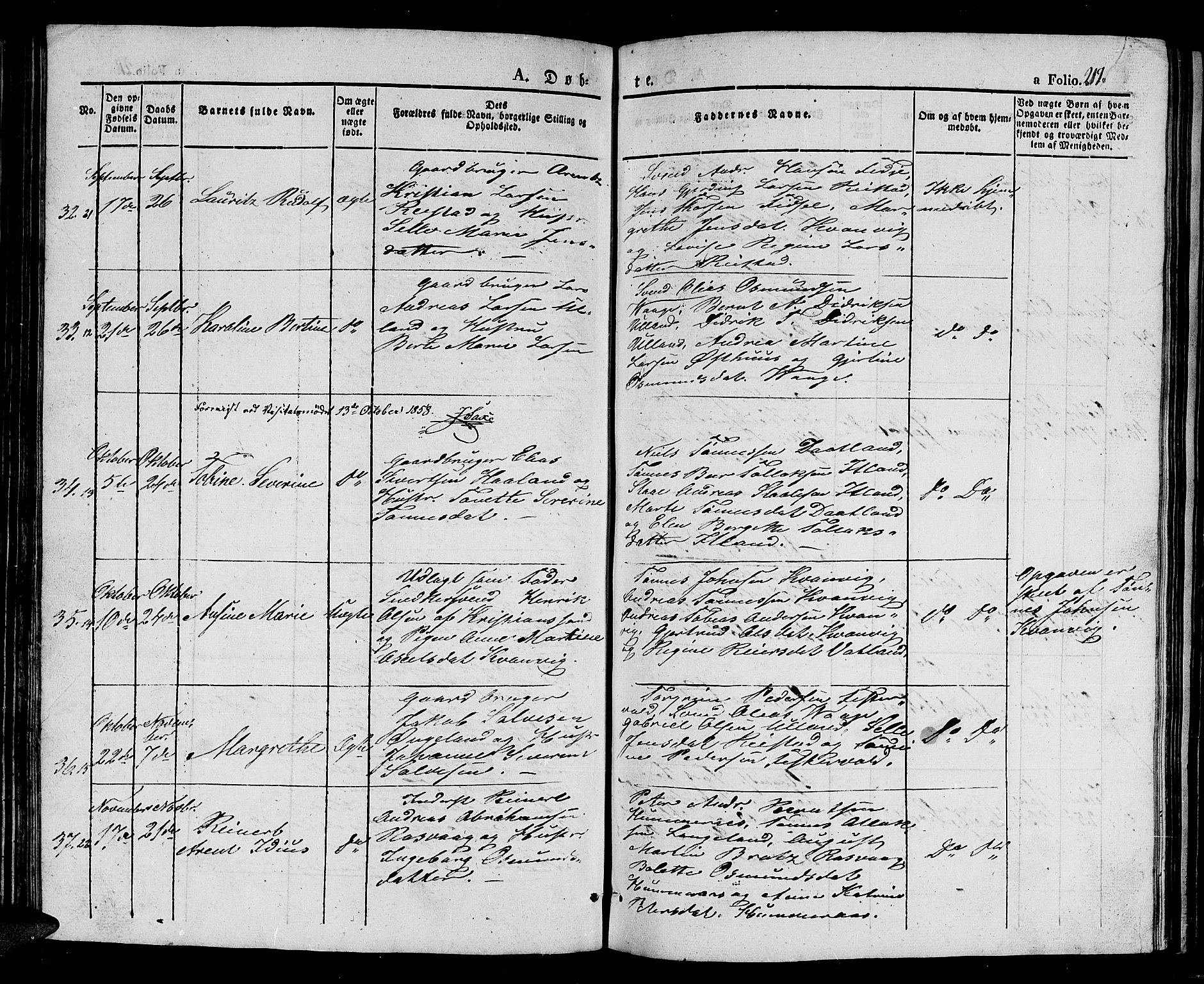 Flekkefjord sokneprestkontor, AV/SAK-1111-0012/F/Fb/Fbb/L0002: Klokkerbok nr. B 2a, 1831-1866, s. 217