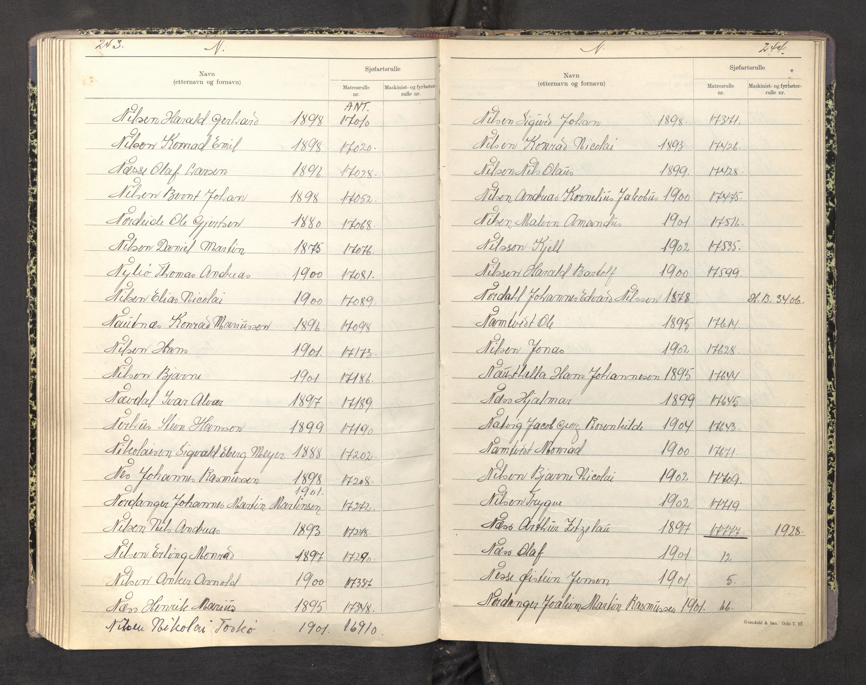 Innrulleringssjefen i Bergen, AV/SAB-A-100050/F/Fa/L0004: Register til sjøfartsrulle, Mønstringssjefen i Bergen, 1919-1948, s. 243-244