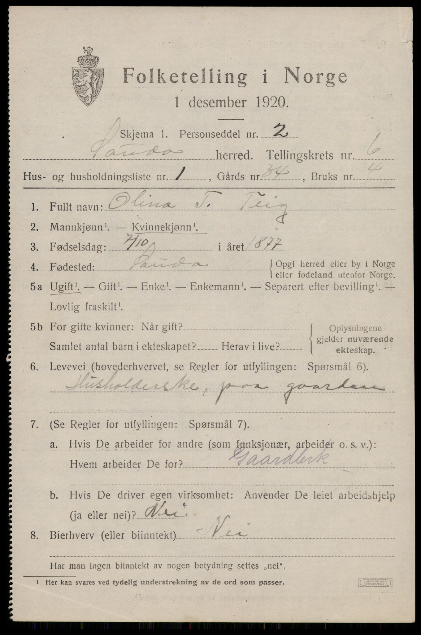 SAST, Folketelling 1920 for 1135 Sauda herred, 1920, s. 3718