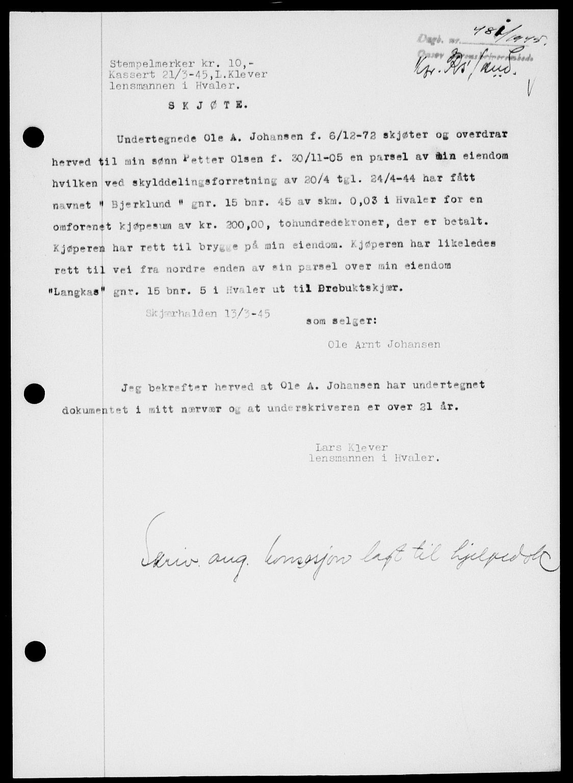 Onsøy sorenskriveri, SAO/A-10474/G/Ga/Gab/L0014: Pantebok nr. II A-14, 1944-1945, Dagboknr: 481/1945