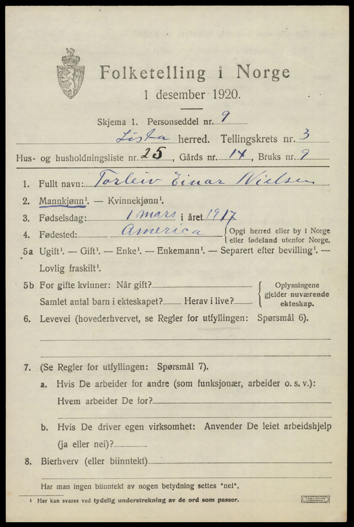 SAK, Folketelling 1920 for 1041 Lista herred, 1920, s. 4685