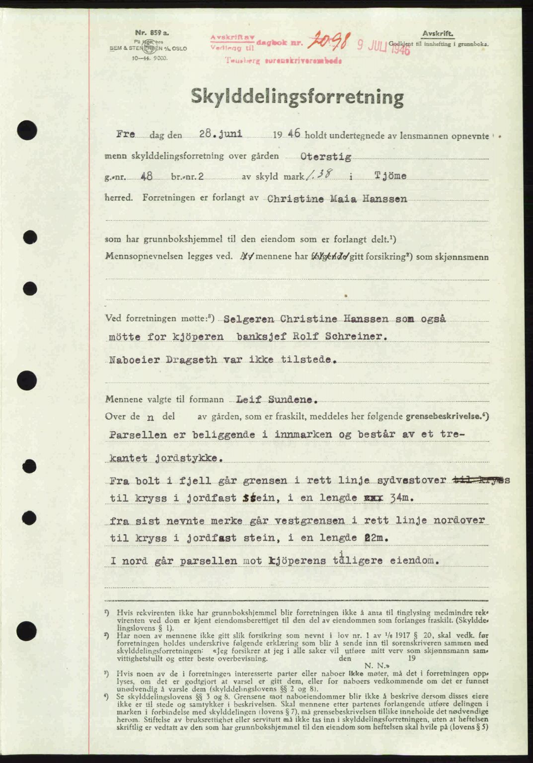 Tønsberg sorenskriveri, SAKO/A-130/G/Ga/Gaa/L0019: Pantebok nr. A19, 1946-1946, Dagboknr: 2098/1946