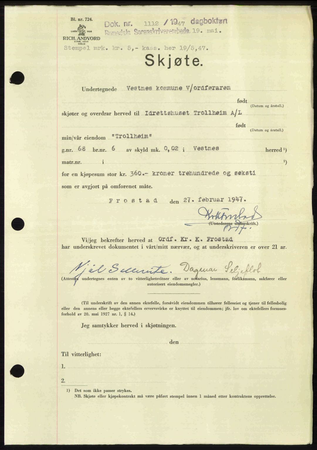 Romsdal sorenskriveri, AV/SAT-A-4149/1/2/2C: Pantebok nr. A23, 1947-1947, Dagboknr: 1112/1947