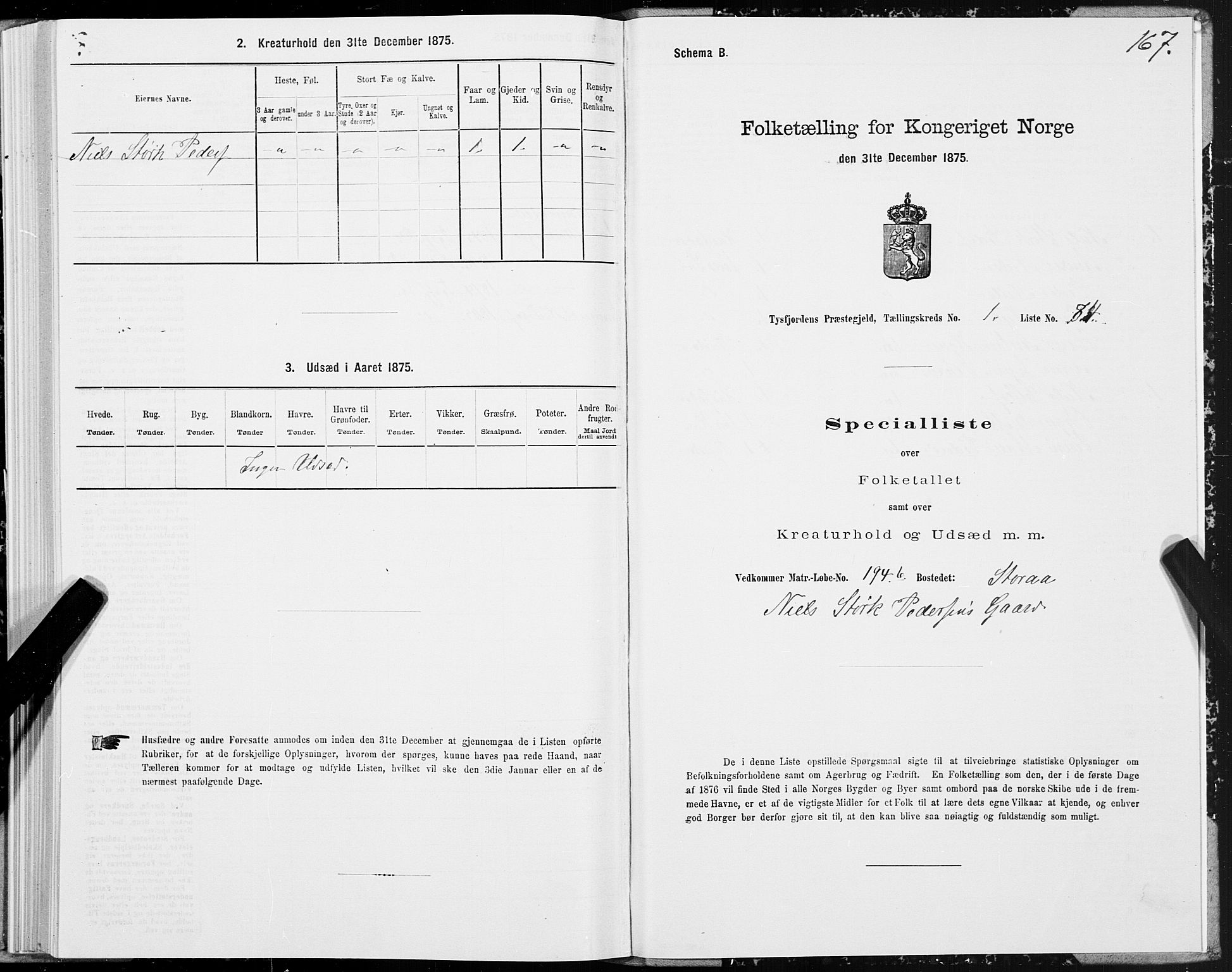 SAT, Folketelling 1875 for 1850P Tysfjord prestegjeld, 1875, s. 1167