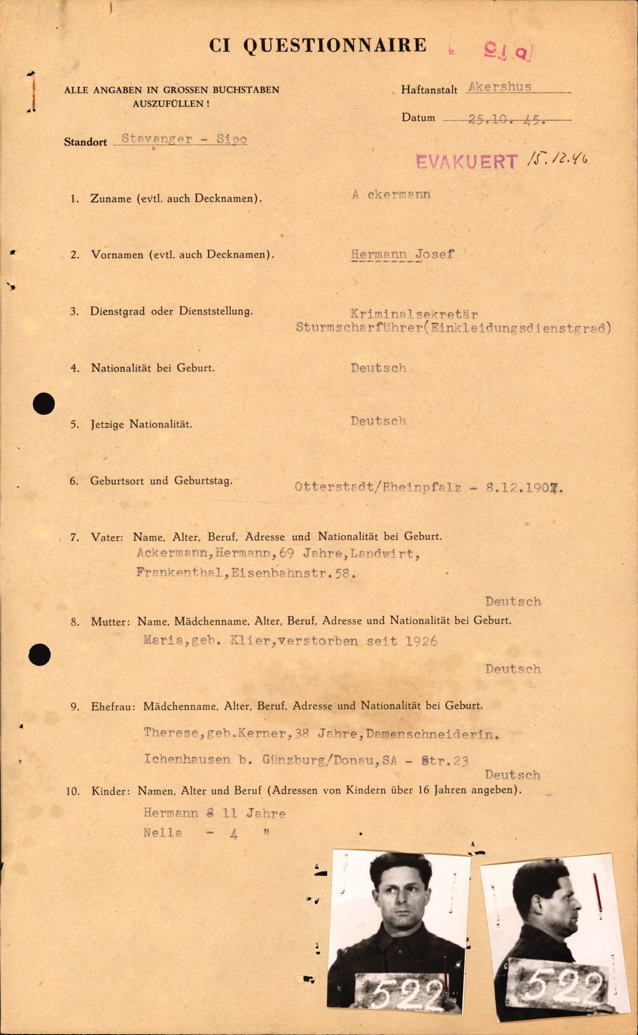 Forsvaret, Forsvarets overkommando II, AV/RA-RAFA-3915/D/Db/L0001: CI Questionaires. Tyske okkupasjonsstyrker i Norge. Tyskere., 1945-1946, s. 31