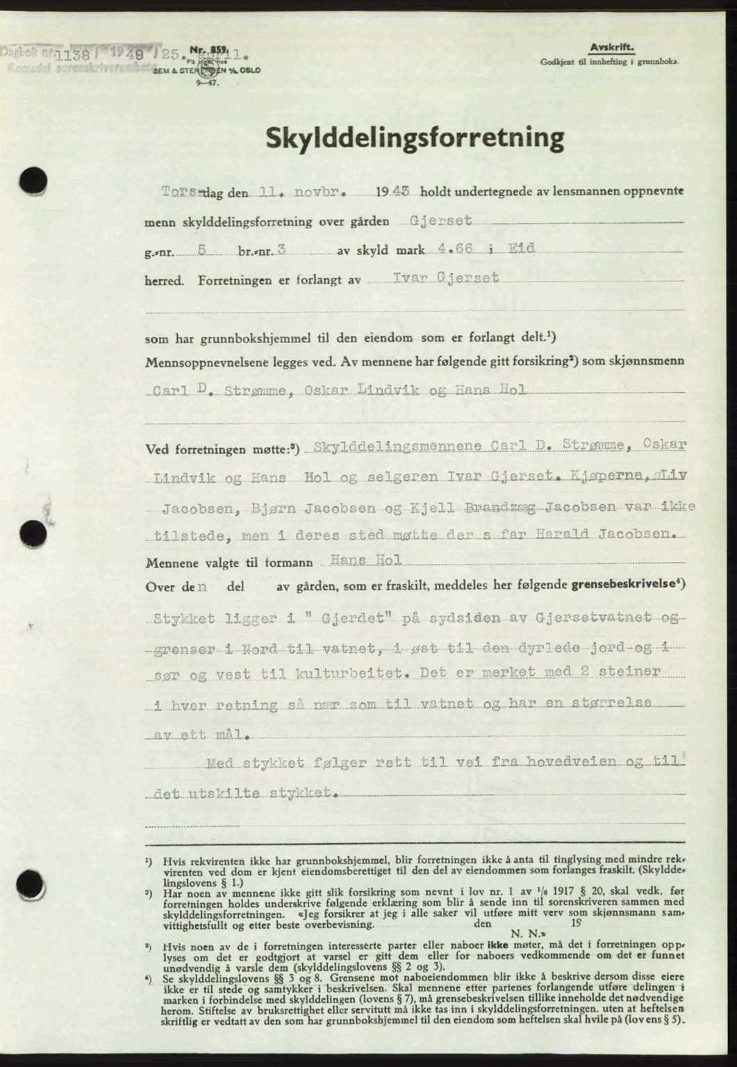 Romsdal sorenskriveri, SAT/A-4149/1/2/2C: Pantebok nr. A29, 1949-1949, Dagboknr: 1138/1949