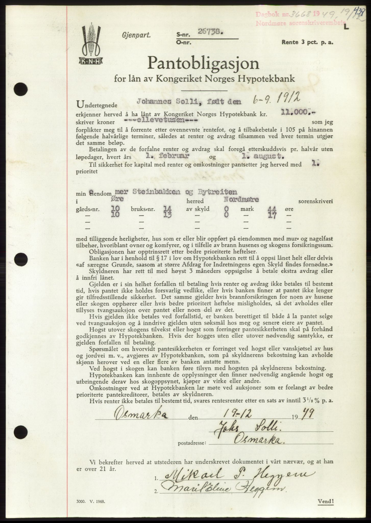 Nordmøre sorenskriveri, AV/SAT-A-4132/1/2/2Ca: Pantebok nr. B103, 1949-1950, Dagboknr: 3668/1949
