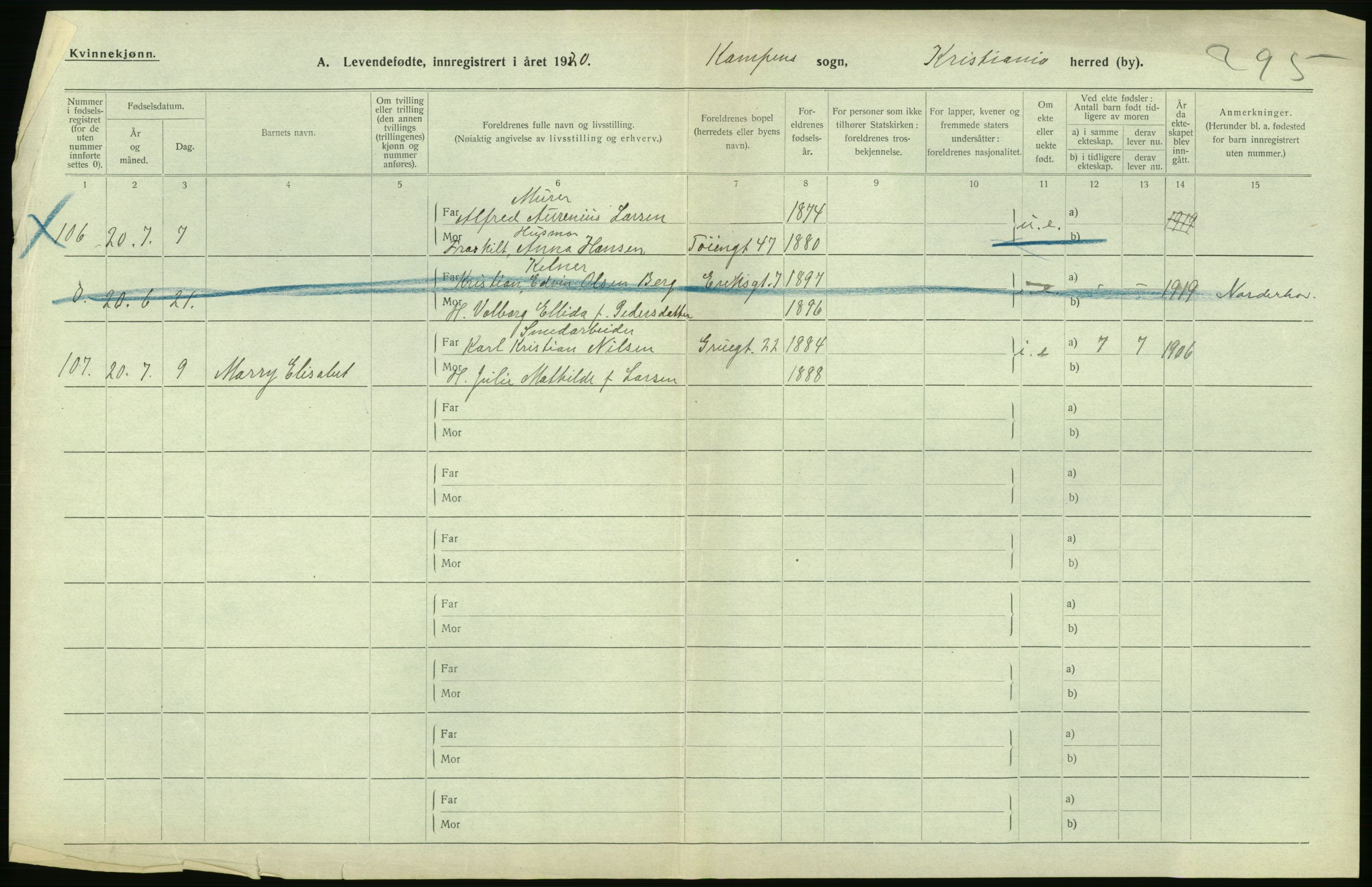 Statistisk sentralbyrå, Sosiodemografiske emner, Befolkning, AV/RA-S-2228/D/Df/Dfb/Dfbj/L0008: Kristiania: Levendefødte menn og kvinner., 1920, s. 260