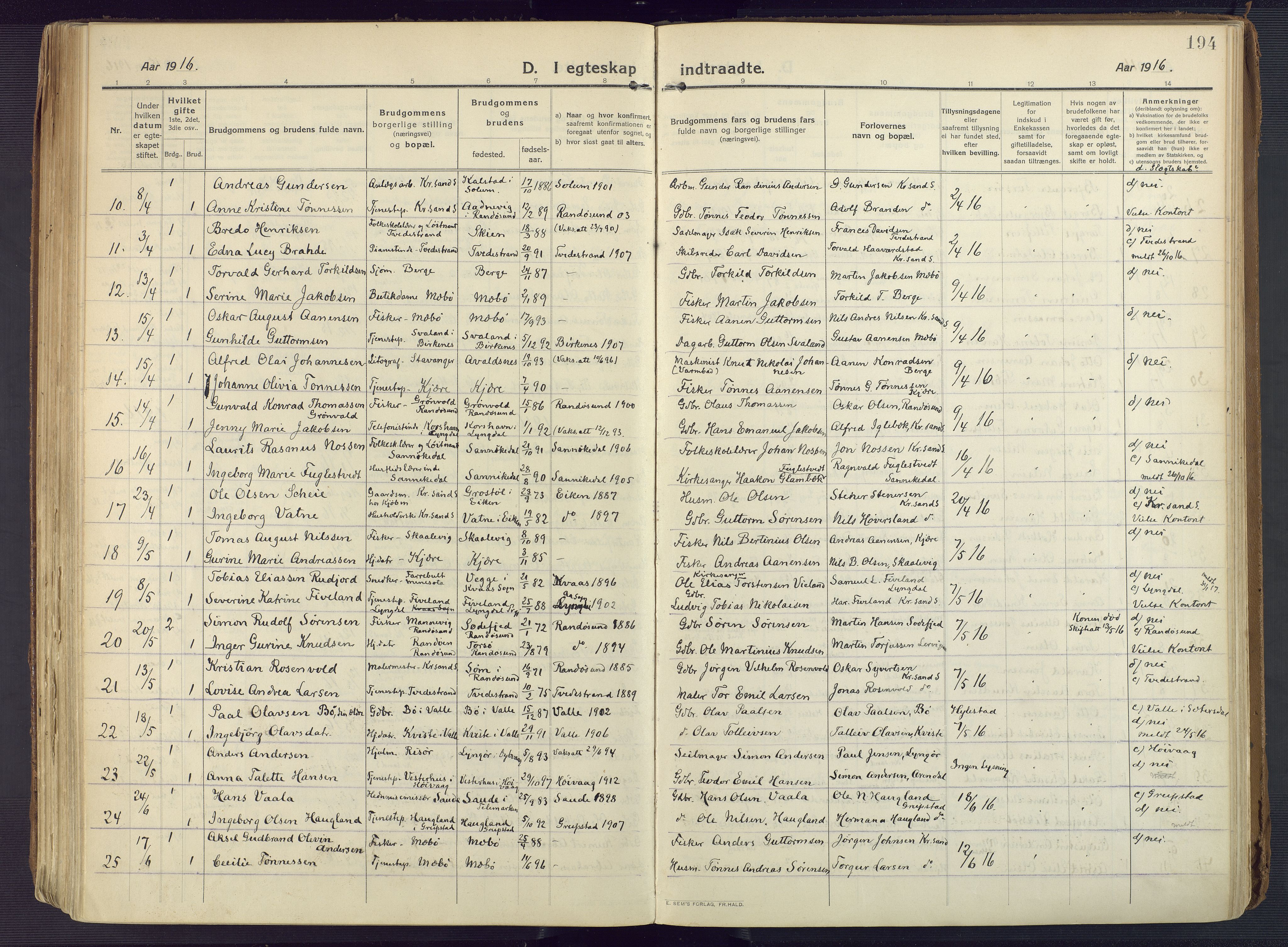 Oddernes sokneprestkontor, AV/SAK-1111-0033/F/Fa/Faa/L0012: Ministerialbok nr. A 12, 1912-1925, s. 194
