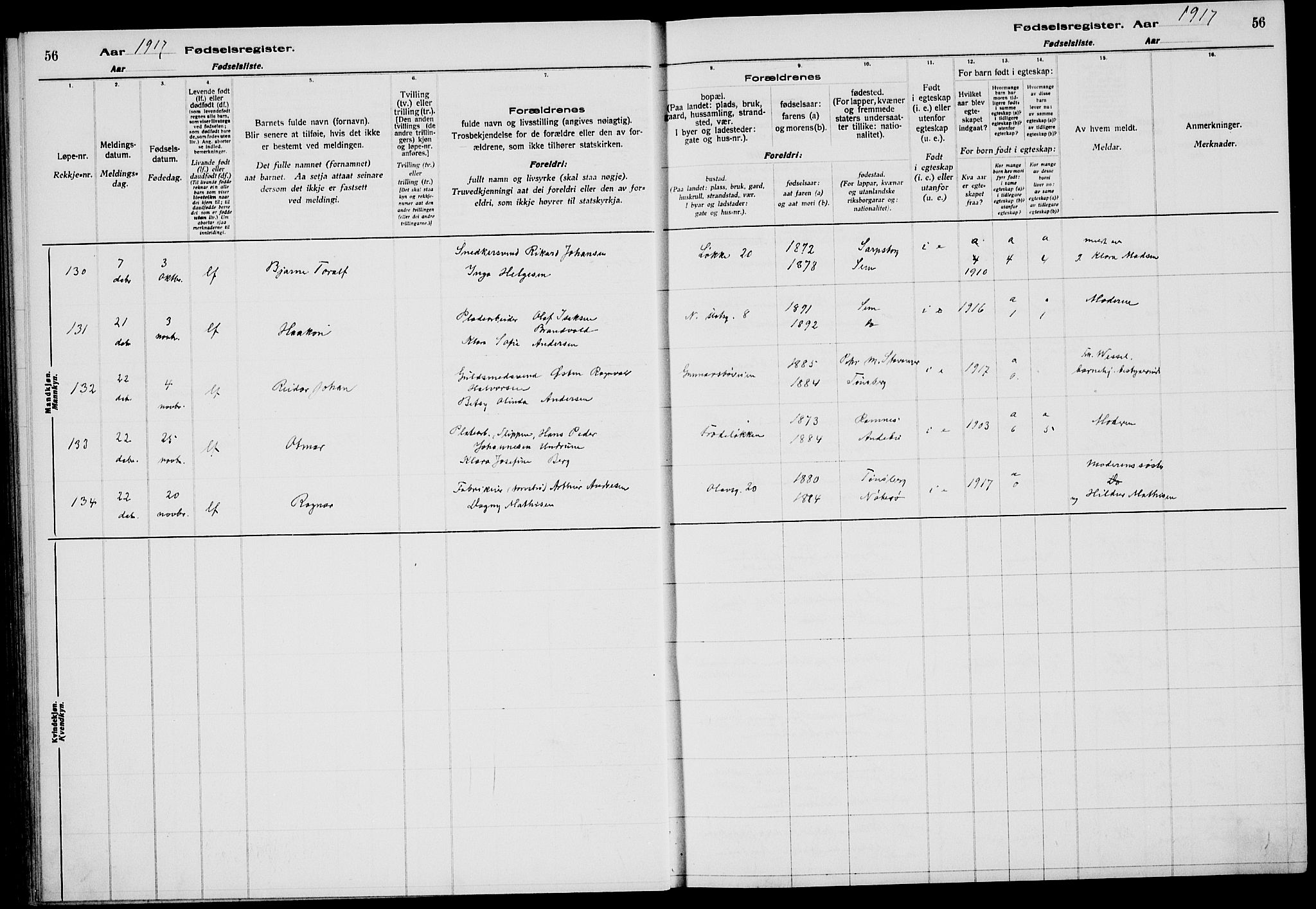 Tønsberg kirkebøker, AV/SAKO-A-330/J/Ja/L0001: Fødselsregister nr. 1, 1916-1922, s. 56