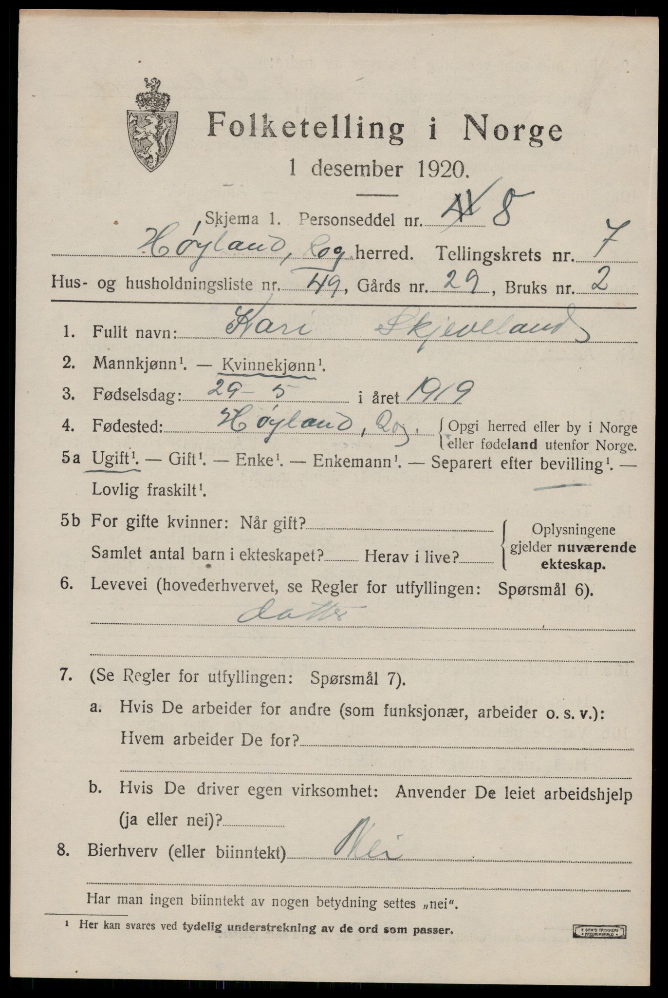 SAST, Folketelling 1920 for 1123 Høyland herred, 1920, s. 5266