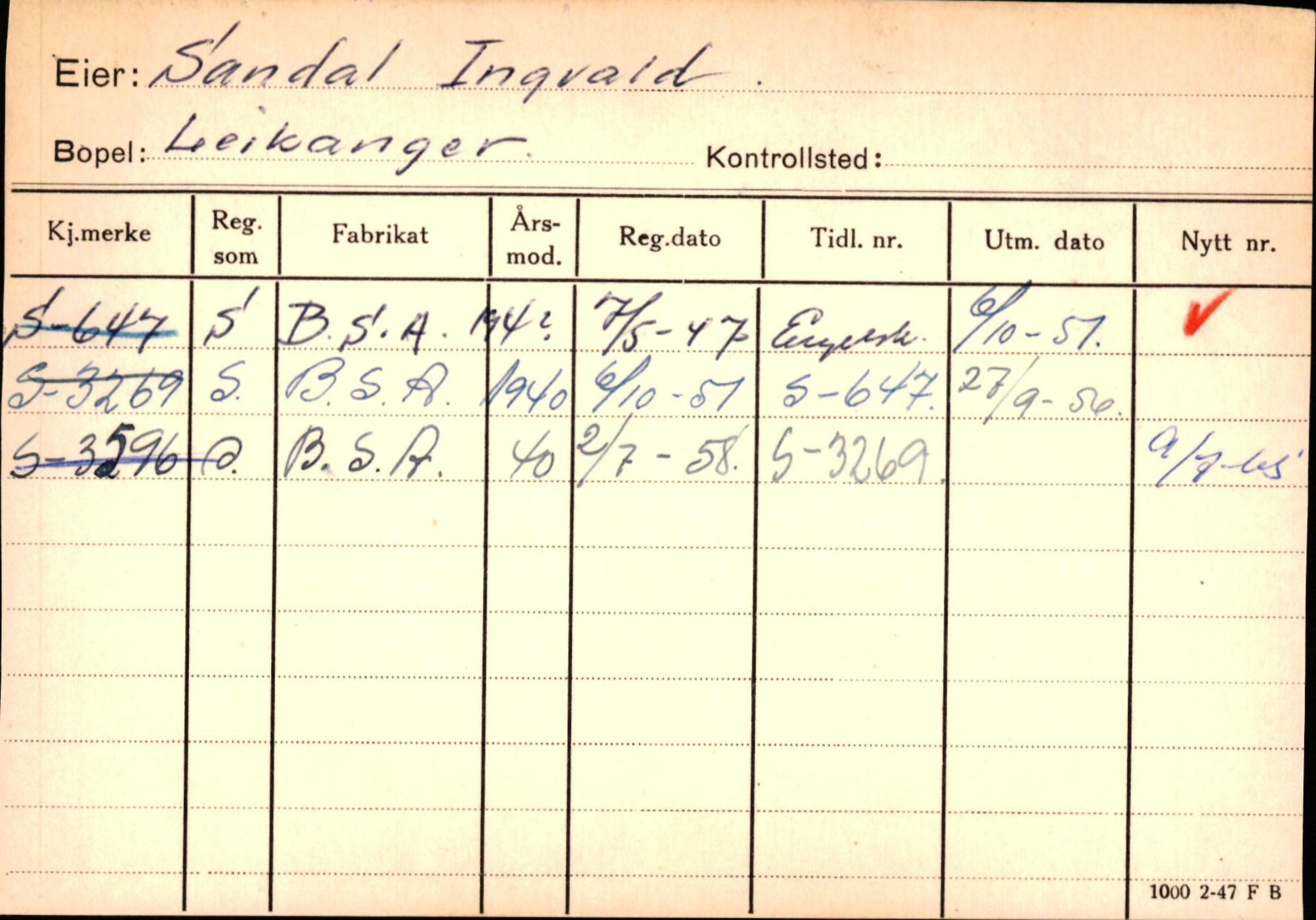 Statens vegvesen, Sogn og Fjordane vegkontor, AV/SAB-A-5301/4/F/L0126: Eigarregister Fjaler M-Å. Leikanger A-Å, 1945-1975, s. 2057