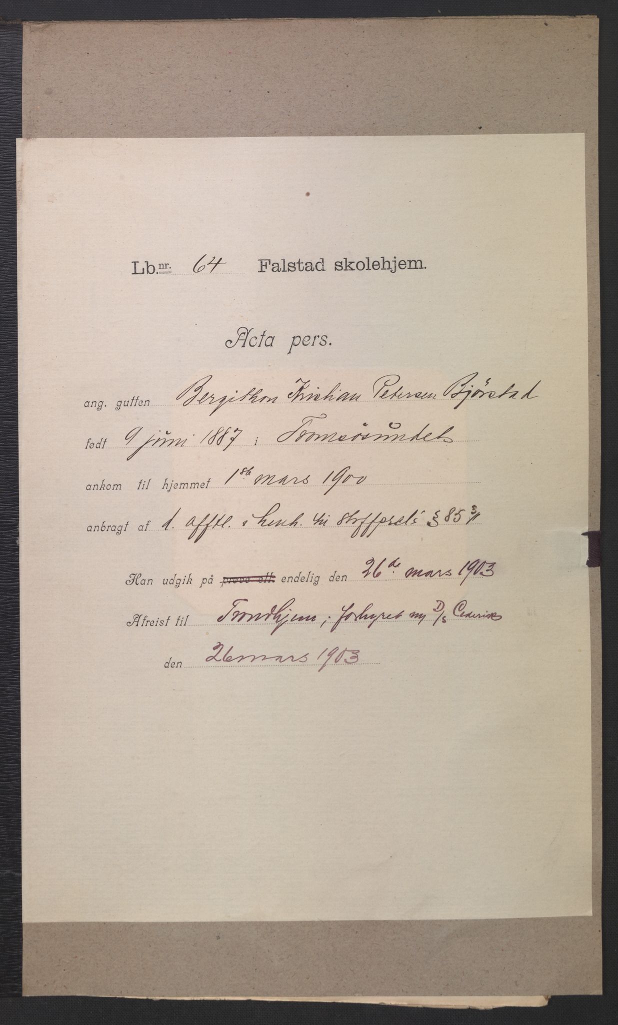 Falstad skolehjem, AV/RA-S-1676/E/Eb/L0003: Elevmapper løpenr. 62-80, 1899-1907, s. 43