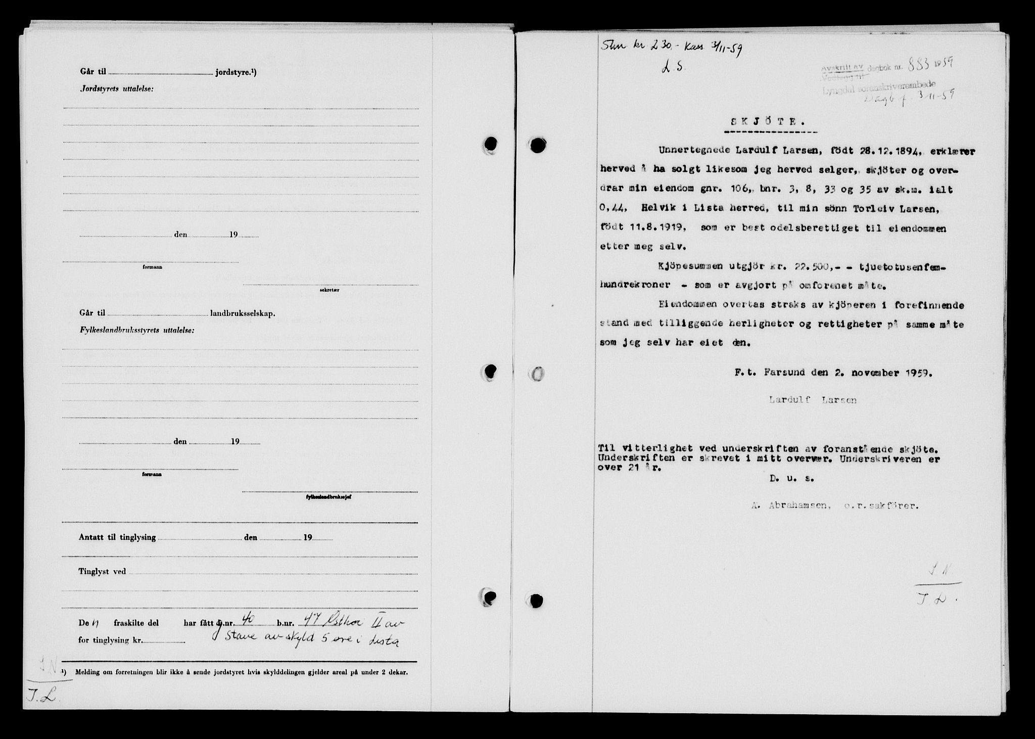 Lyngdal sorenskriveri, AV/SAK-1221-0004/G/Gb/L0679: Pantebok nr. A XXV, 1959-1960, Dagboknr: 883/1959